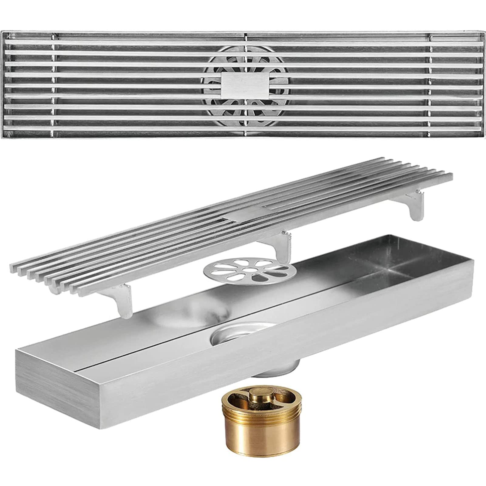 Scarico Doccia Lineare 30cm, Scarico a Pavimento Rettangolare per Bagno, Scarico Doccia in Acciaio Inox con Griglia Patten Rimovibile, Filtra Capelli, Scarico a Pavimento Doccia,Brushed nickel