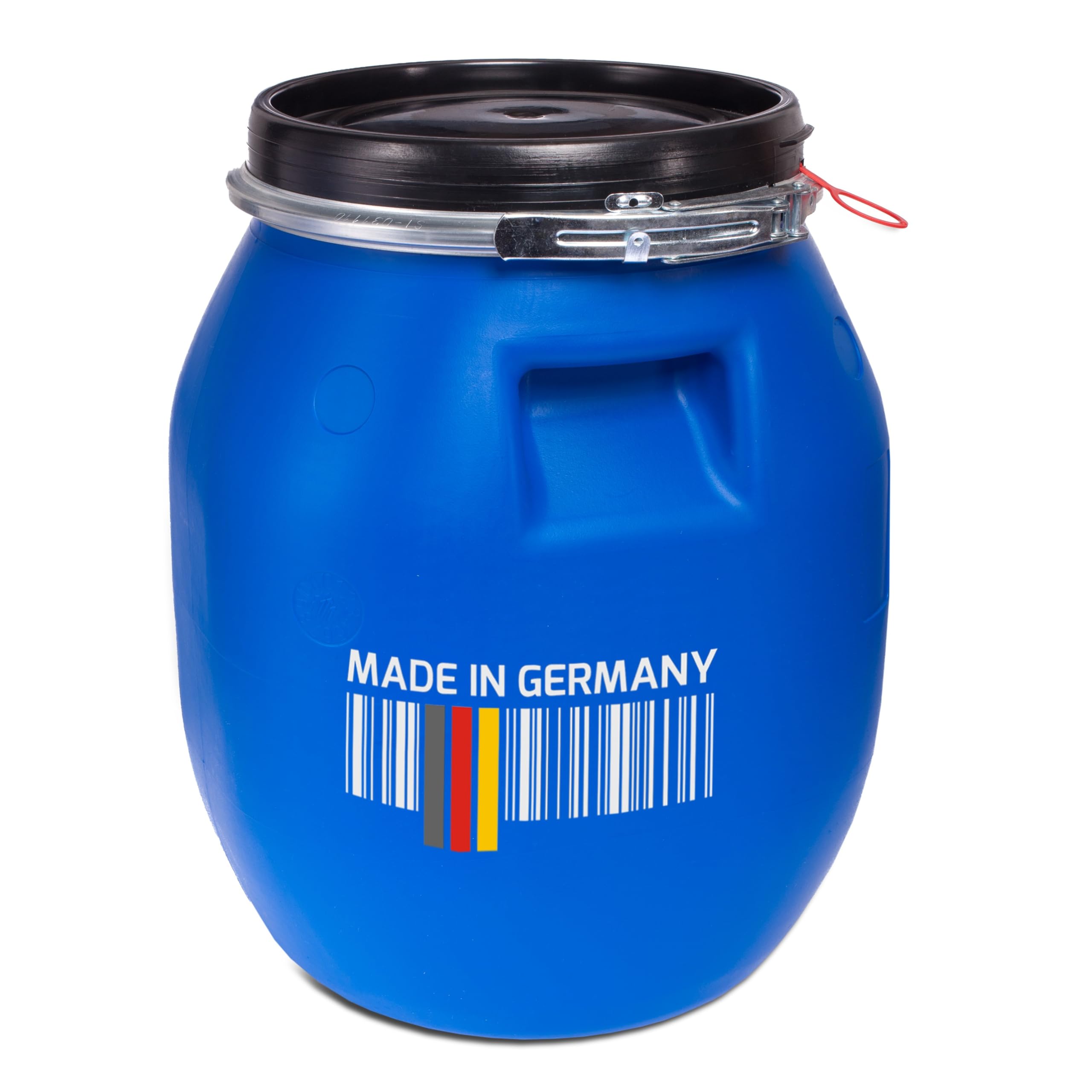 plasteo® 30 Liter Deckelfass mit Spannverschluss| Lebensmitteltauglich | Futtertonne | Luftdicht Verschließbar | Stapelbar und Palettengerecht | Stabile Griffmulden | Blau