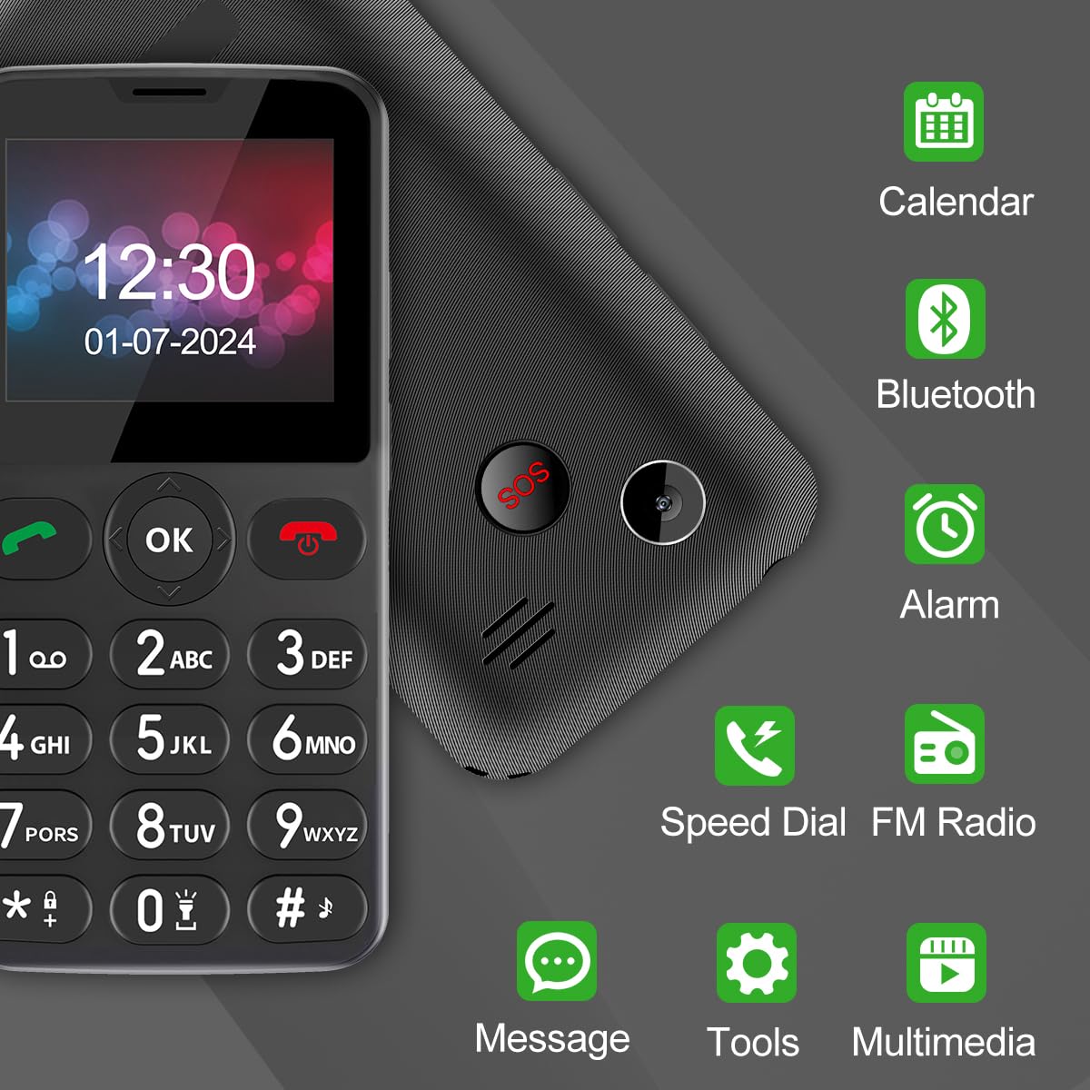 4G Téléphone Portable Senior débloqué,écran Couleur 2.2 Pouces,Facile à Utiliser, téléphone cellulaire de Base avec Grosses Touches| Bouton SOS | Radio FM | Torche |1400mAh Battery (Noir)