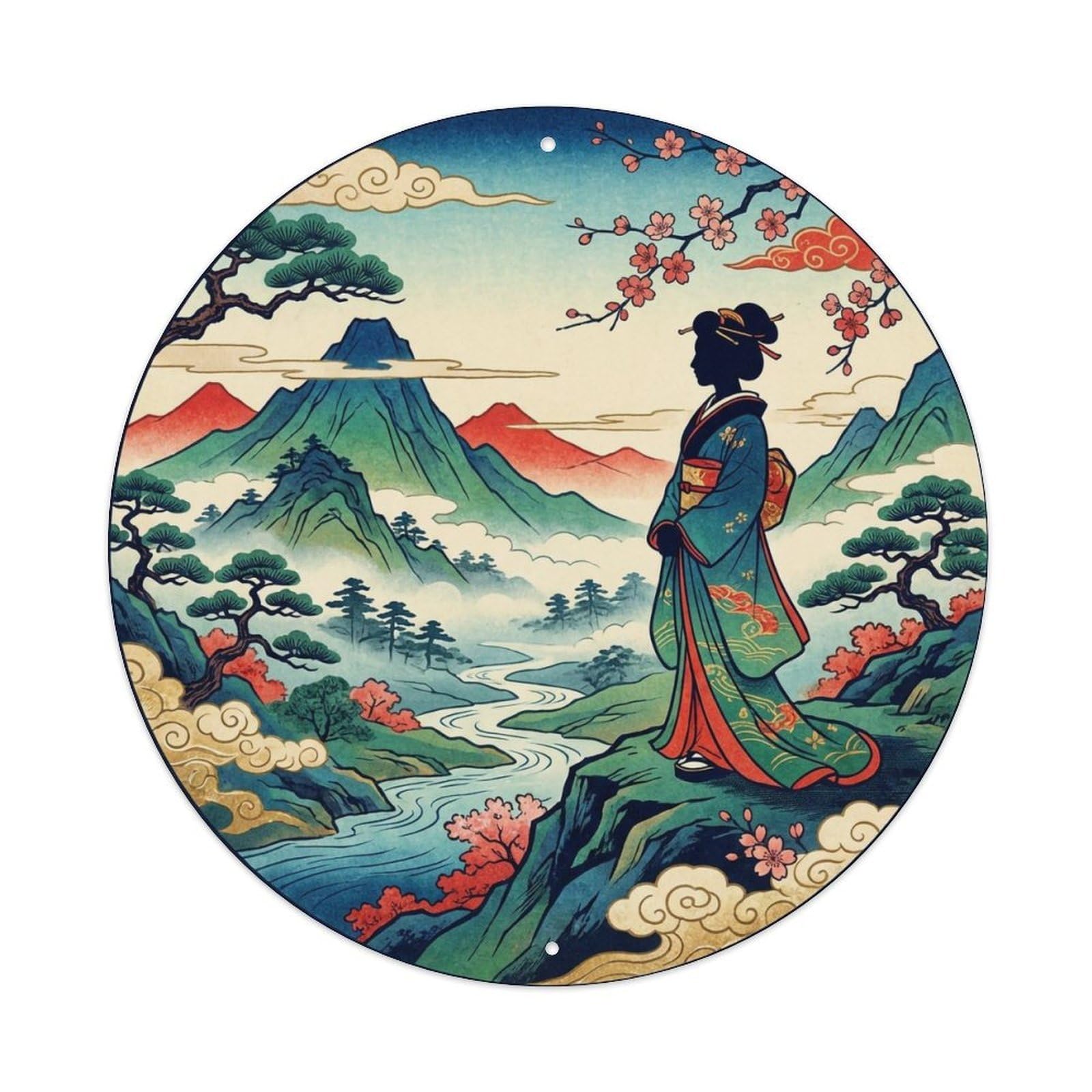 Yrnq 8X8inch Vintage Style Japanese Geisha Distant Side Silhouette Scenic Metal Tin Sign