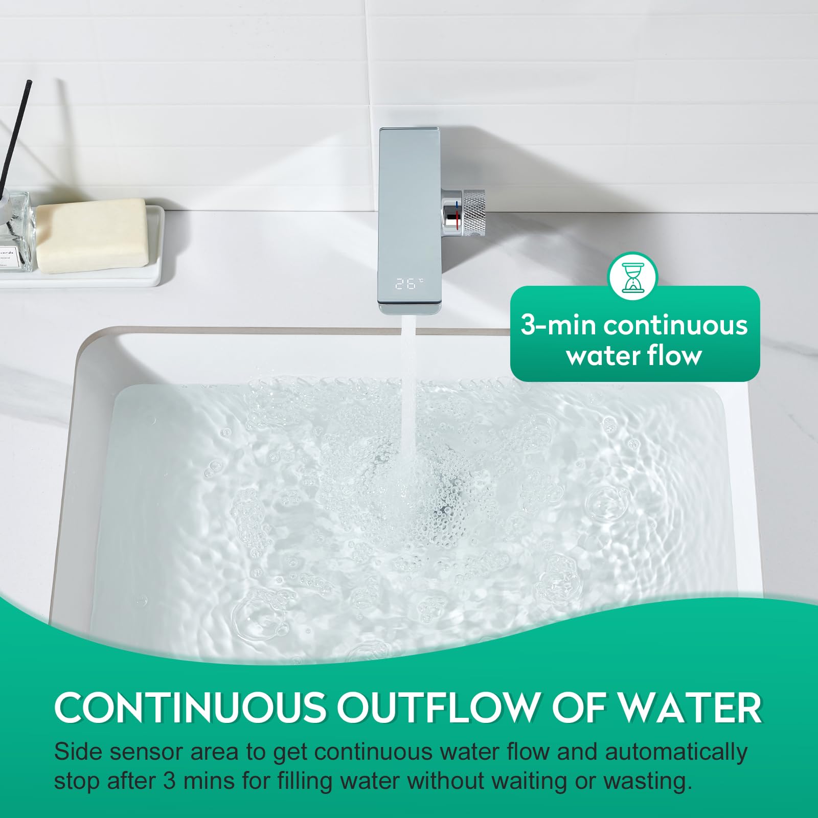 CREA Mitigeur de Salle de Bains Infrarouge, Robinet Lavabo Automatique à Infrarouge avec Température écran D'affichage Numérique, Mitigeur Lavabo Touchless, Chrome