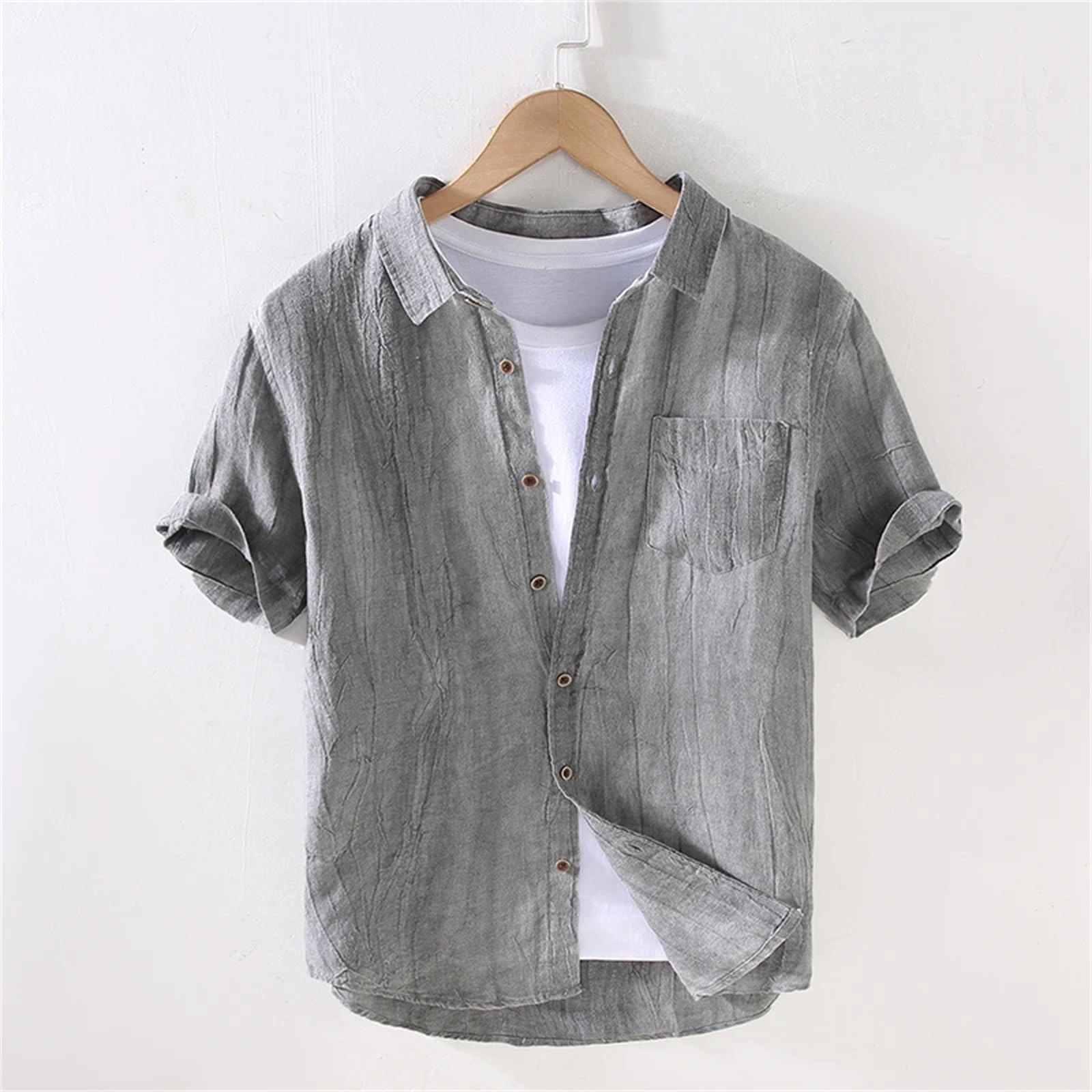 Camicia monopetto da uomo in tessuto di lino leggero con risvolto e risvolto alla moda giovanile