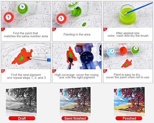 Miniatura 4 de TUMOVO Pintura por números para adultos, paisaje natural, kits de pintura por números, sobre lienzo con pinceles, playa, bricolaje, pintura al óleo,