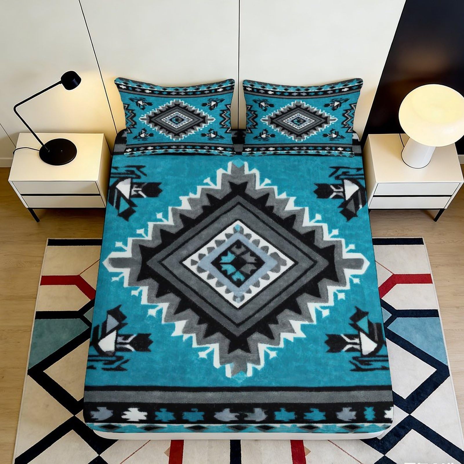 Jqzkxnhpbr Style-5 3D Printed Aztec Turquoise Fitted Sheet Microfiber Soft Tribal Geometric Bed Cover For Bedroom Guest Room Decor Mattress Protection 90X200x25cm