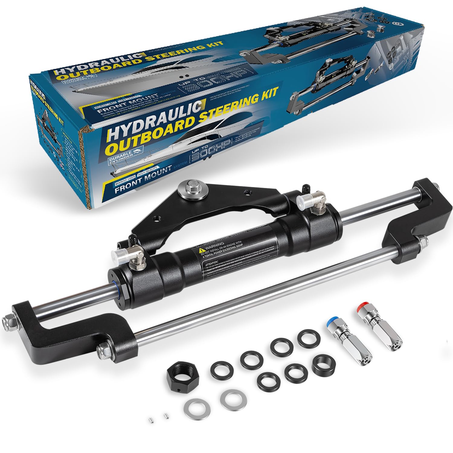 E-cowlboy 300HP Replace for Seastar Outboard Steering Cylinder HC5345-3, 300 HP Front Mount Hydraulic Steering Cylinder,Two-Way Lock Valve Front-Mount