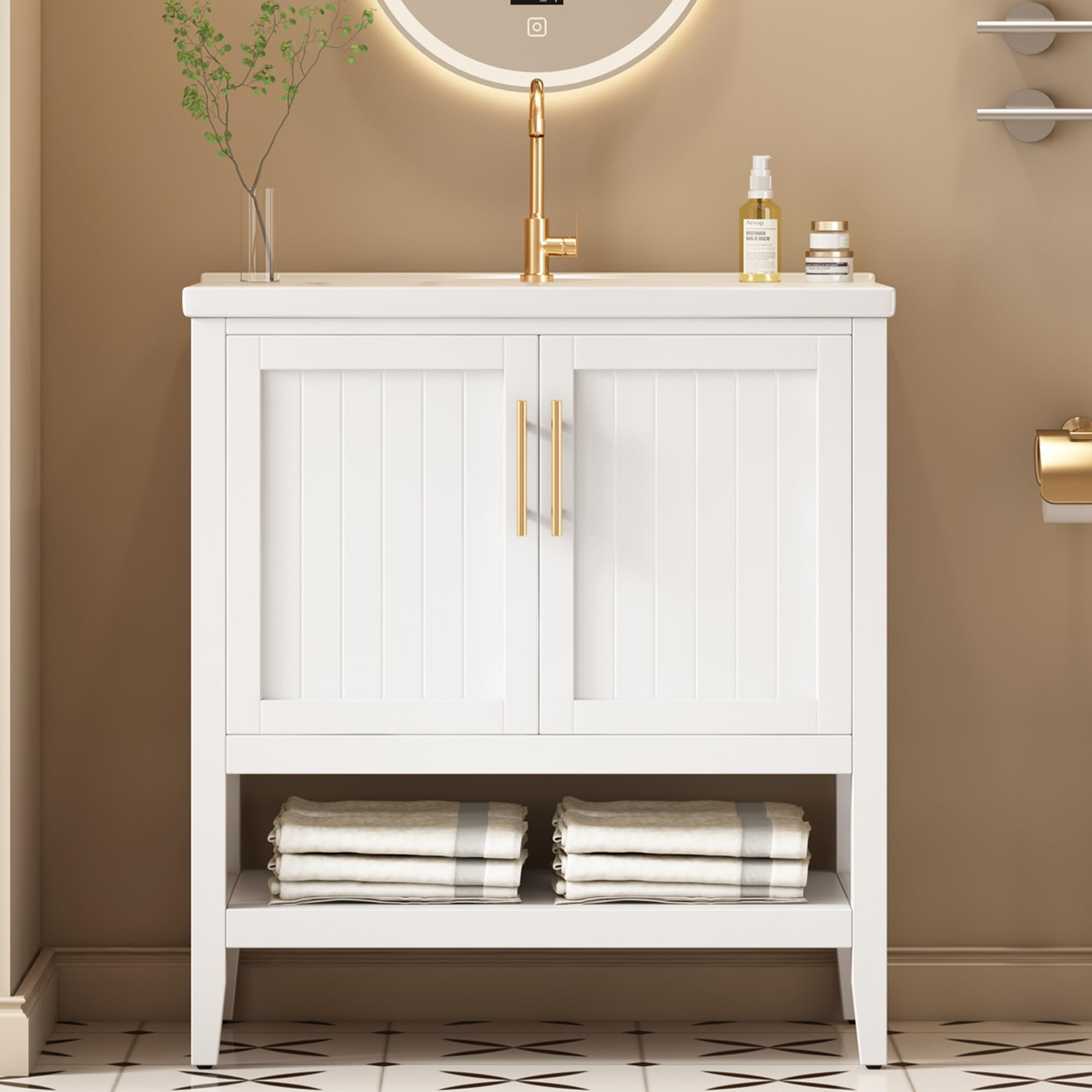 SUKY Mueble de baño individual con armario inferior de 80 cm con lavabo de cerámica, 80 x 47 x 90 cm, MDF, color blanco