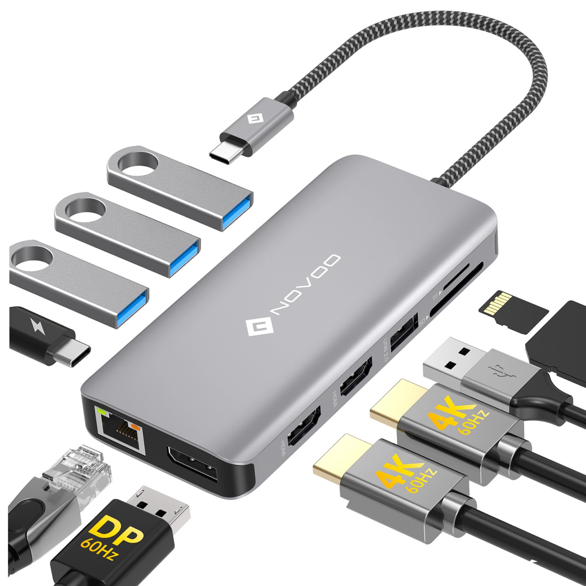 NOVOO Docking Station vers Double HDMI, 11-en-1 Hub USB C vers Dual HDMI, Displayport, USB x 4, Gigabit Ethernet, PD 100W, SD/TF, Station d'accueil pour MacBook HP Dell XPS Lenovo