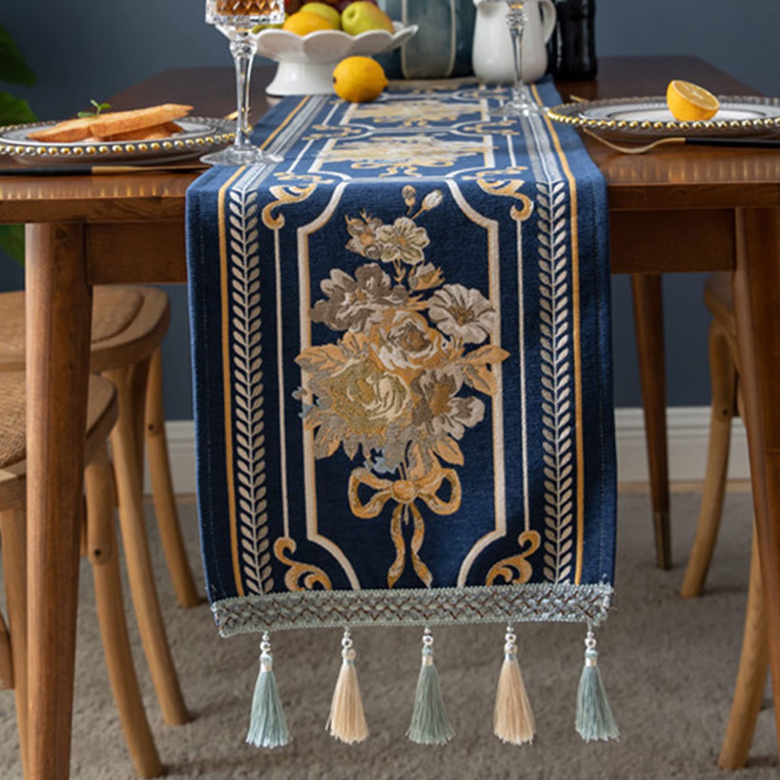 Chemin de table floral bleu foncé en chenille douce pour table de salle à manger