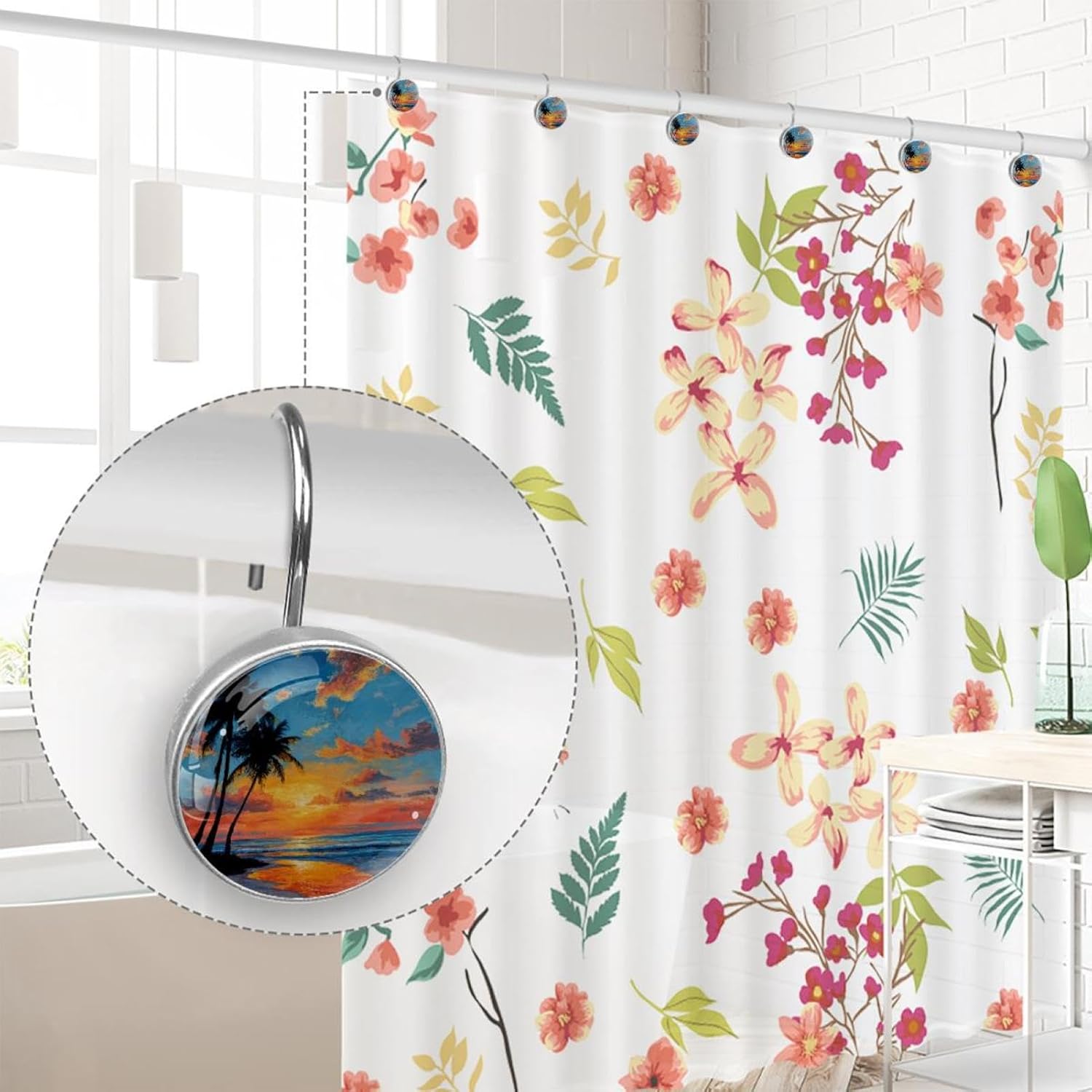 12PCS Tropical Palm Beach Sunset (2) Shower Curtain Hooks Metal Rust Resistant Decorative Shower Curtain Hooks Bathroom Decorations