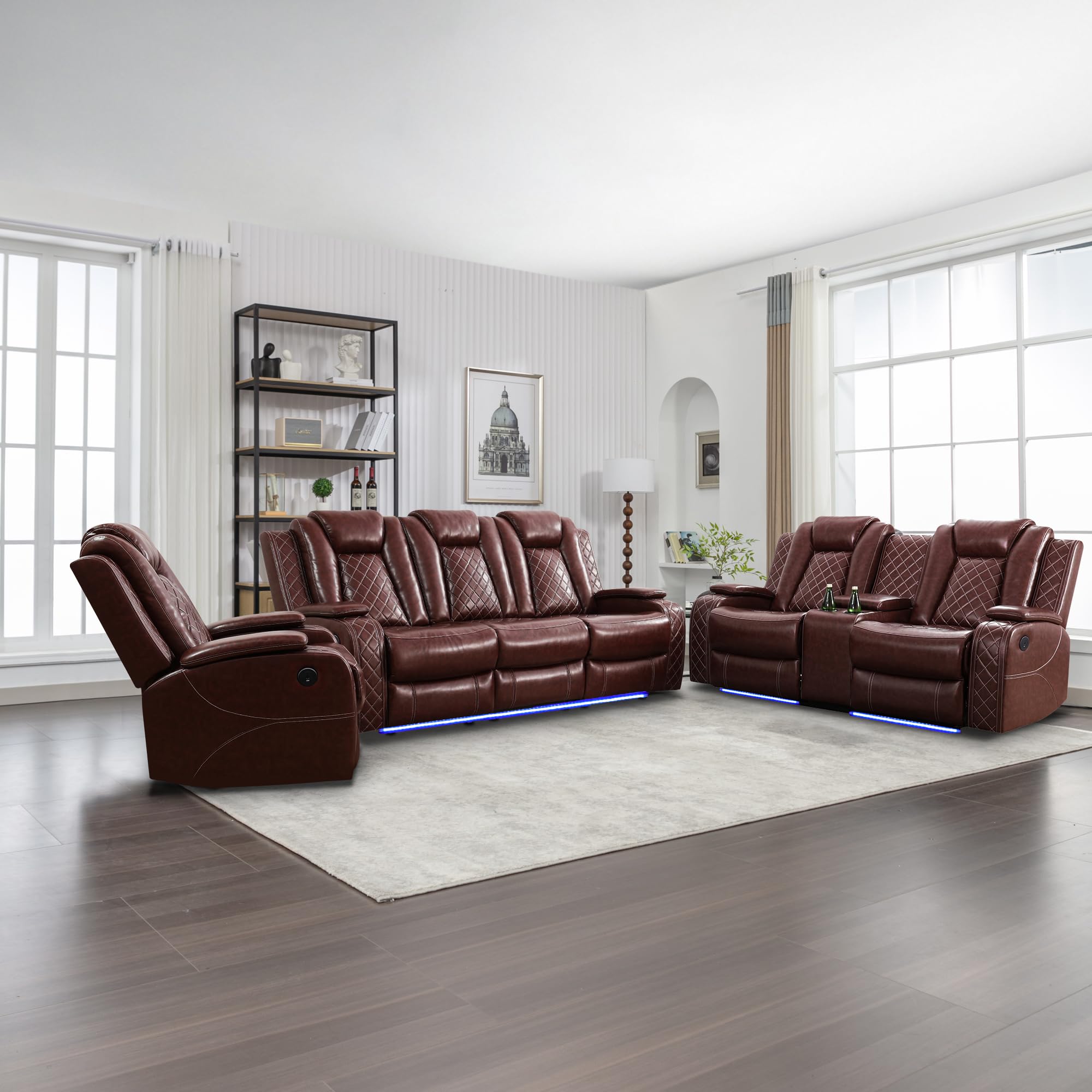 Caberryne Power Recliner Sofa Set with LED Lights,Leather Reclining Sofa with USB Port/Storage Console/Cup Holder,Living Room Furniture for House/Home