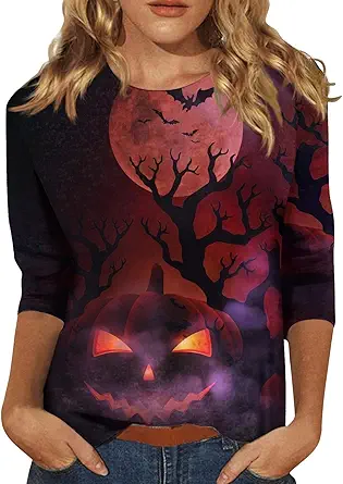 Halloween Shirts for Women 3/4 Sleeve Plus Size Crewneck Loose Fit Cute T Shirt Halloween Costumes for Women 2025