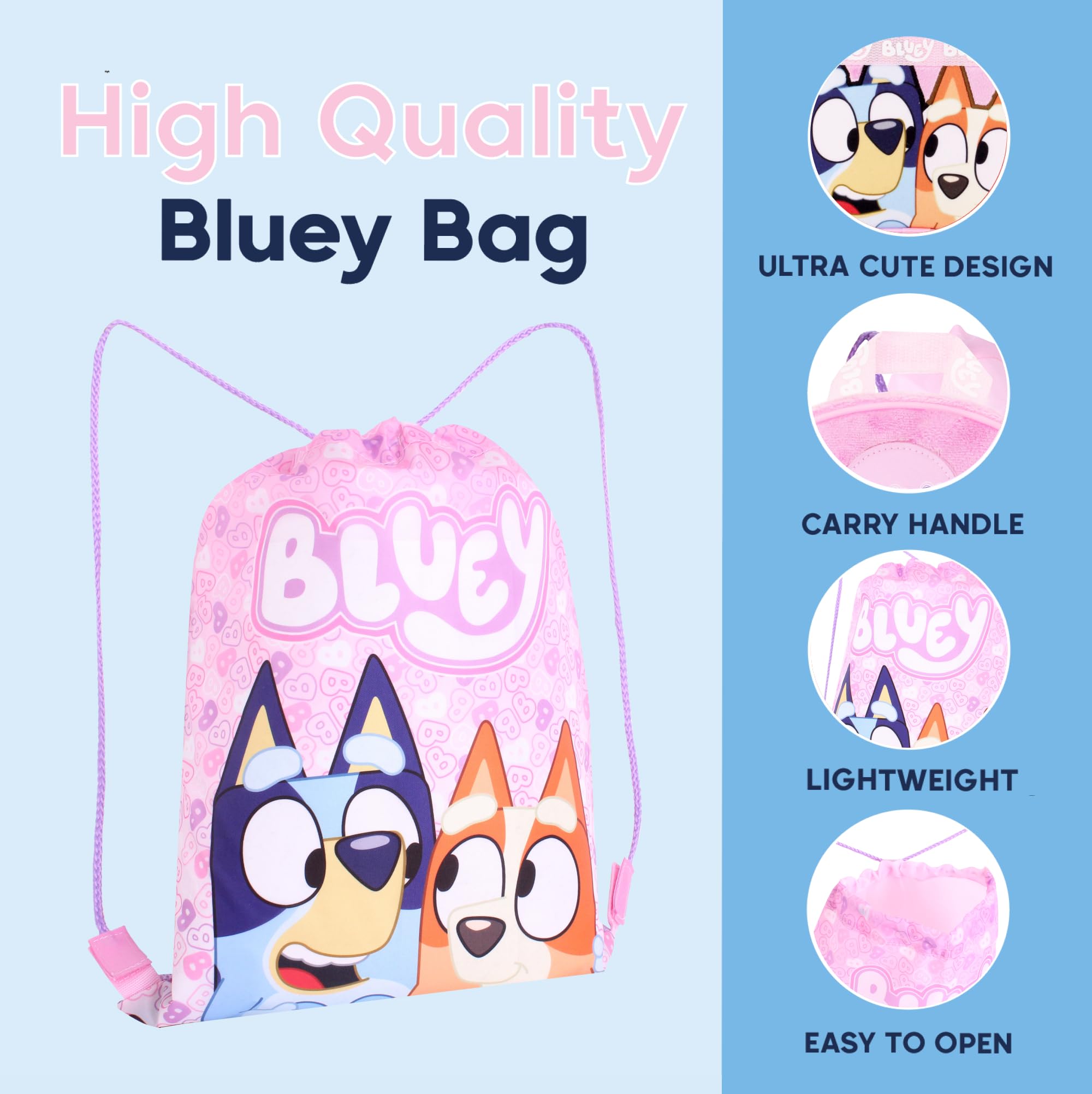Bluey Girls Drawstring Bag – Pink Gym Sack Backpack Bingo – Kids School, Dance, Swimming, PE, or Sleepover Bag.