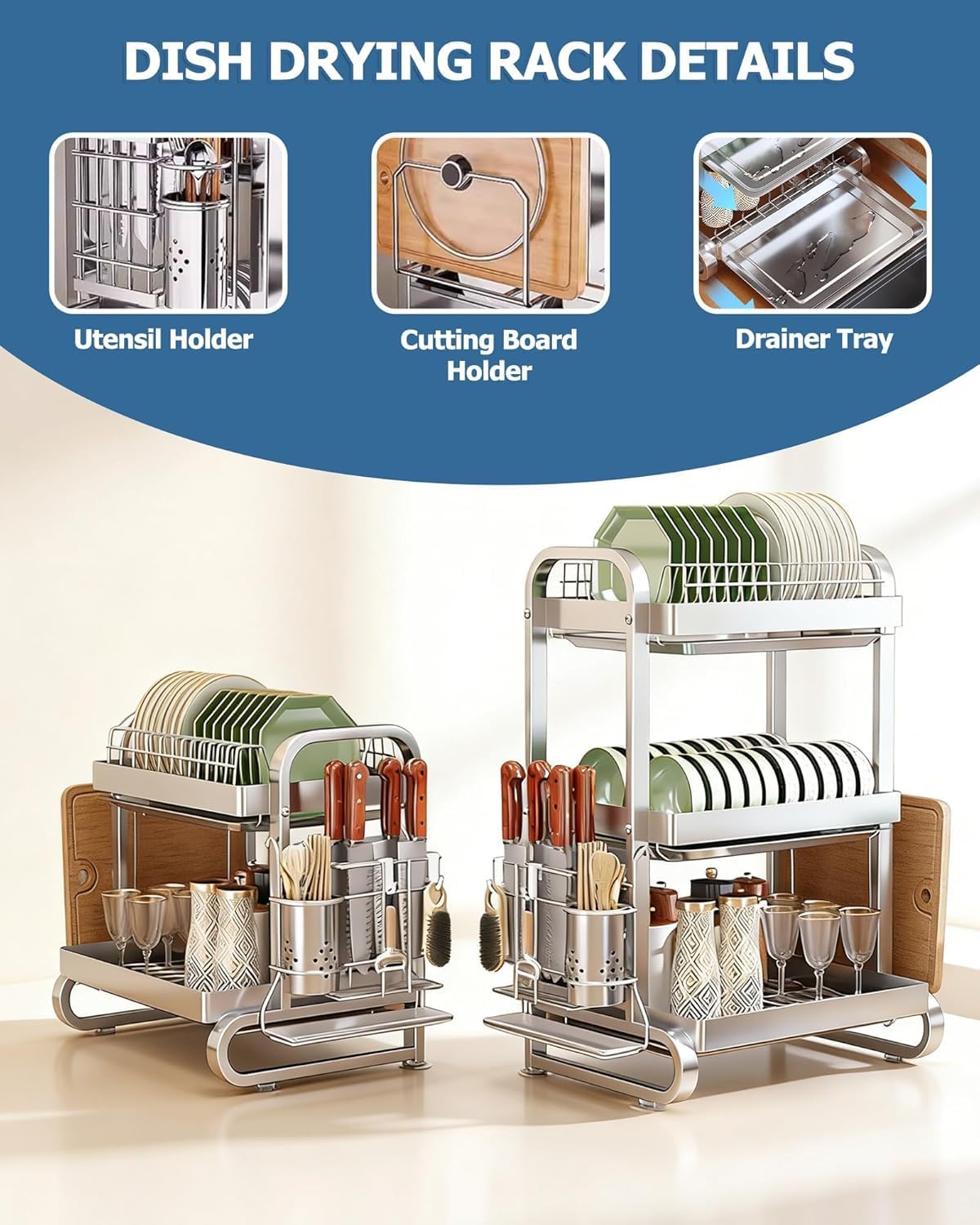 Dish Drying Rack Stainless Steel 3 Tier Dish Racks for Kitchen Counter with Drain Board Utensil Holder and Cutting Board 16.1" L x 10.6" W x 24.6" H