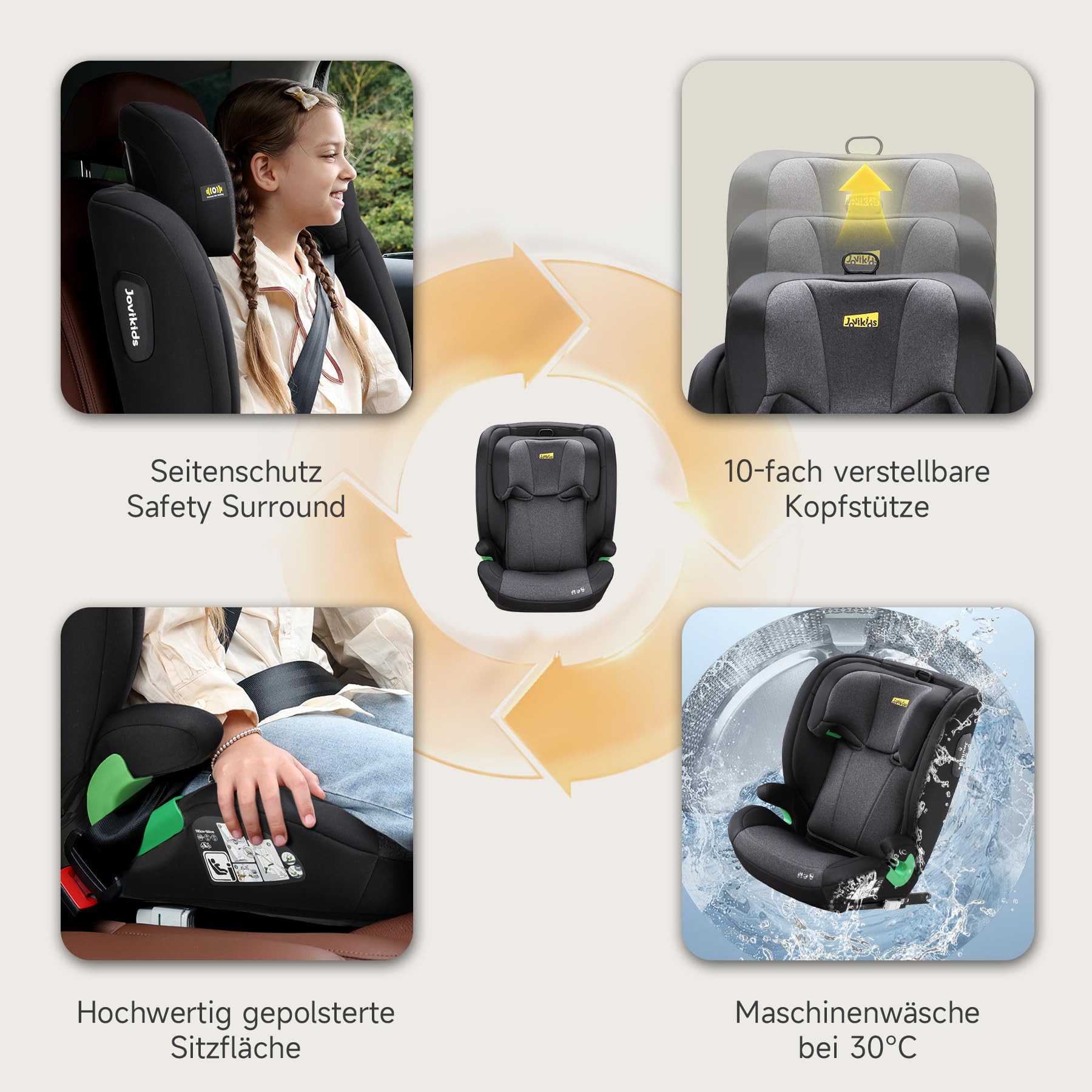 i-Size R129 Kinderautositz für 3,5 bis 12 Jahre (100-150 cm), Mit verstellbarer Rückenlehne, Kopfstütze, Seitenaufprallschutz,léger, Rehausseur Isofix(Schwarz, ISOFIX)