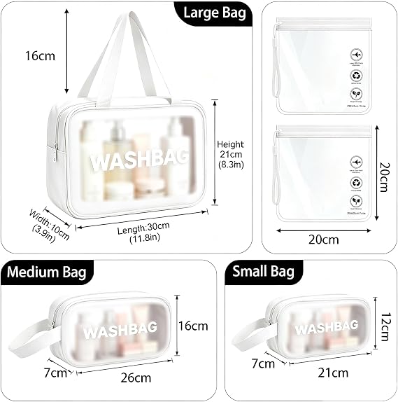 WUBAYI 5Pcs Clear Toiletry Bag, Waterproof PU Makeup Bag with Zipper Handle, Portable Airport Cosmetic Bag for Women & Men, Travel Accessories Wash Bag for Travelling & Holiday (5 Packs White)