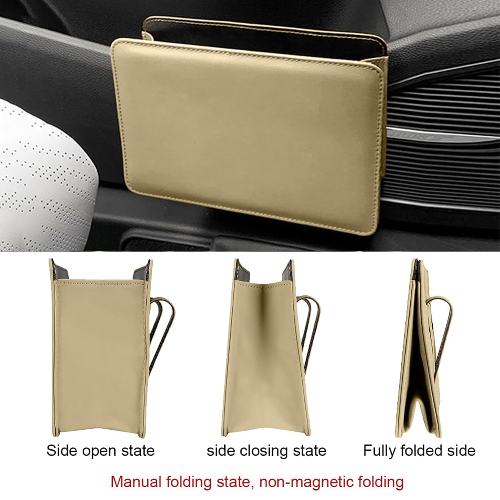 2 pcs Poubelle de Voiture pour Nissan Livina Navara March, Pliable Mini Poubelle en Cuir PU Boîte de Rangement Portable Suspendre Poubelle Intérieur Accessoires, B/Beige