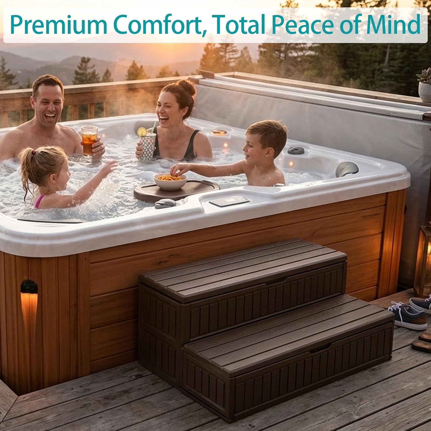 Whirlpool Treppe mit 2 Staufach, wasserdichte rutschfeste Whirlpool-Stufen Tragkraft 226kg Vielseitig verwendbare robuste Poolleiter, Veranda Wohnwagen Spa-Stufe, 91x61x32cm,einfache Montage