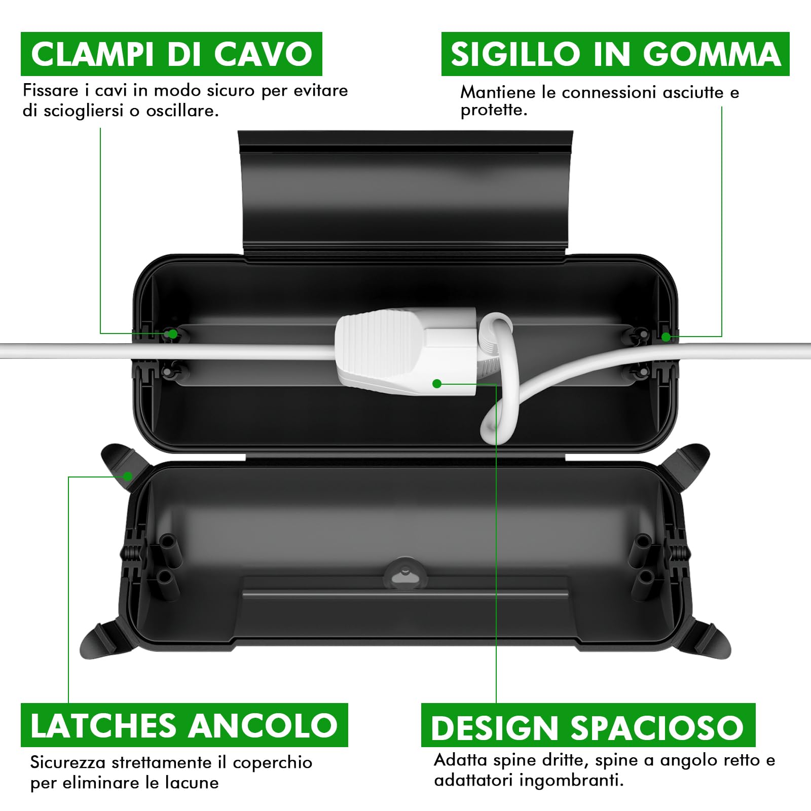 RESTMO Scatola di Protezione Stagna IP44 (290x110x75 mm) – Resistente alle Intemperie, Impermeabile per Prolunghe, Decorazioni per Vacanze e Utensili Elettrici in Plastica, Nero