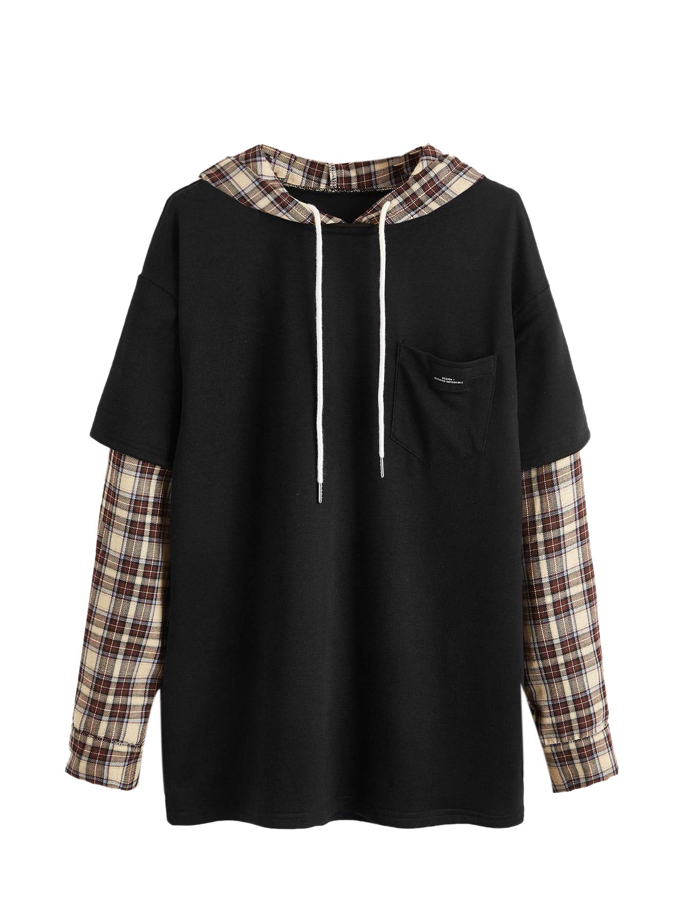 SweatyRocksWomen's Casual Plaid Long Sleeve Hooded Sweatshirt Drop Shoulder Drawstring Hoodie with Pocket