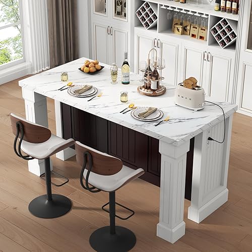 Gyfimoie 63" Large Imitation Marble Dining Table with Roman Column,Island Table with Charging Station,Mordern Kitchen Island,Home Bar Unit for Home Kitchen, Living Room, Balcony, Basement