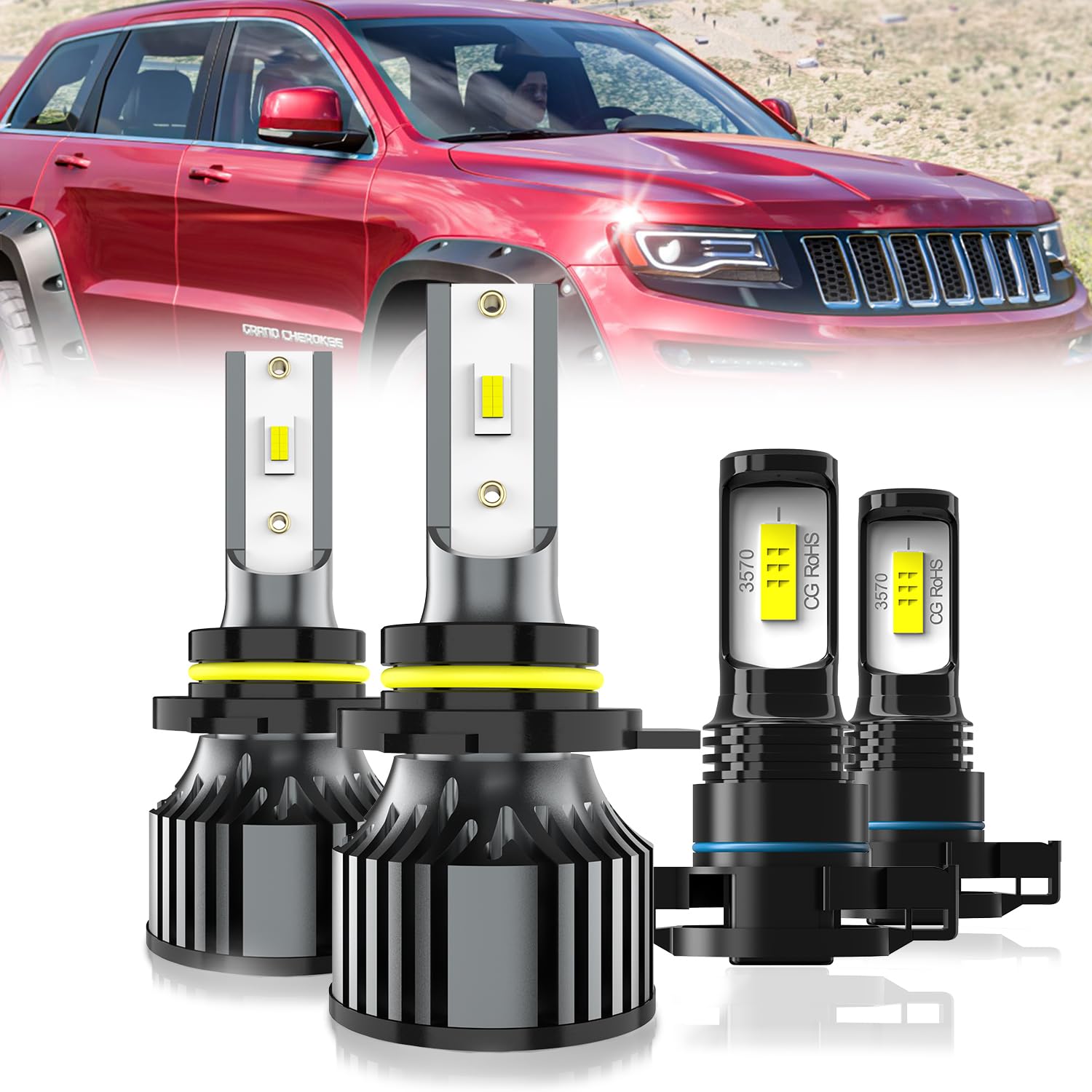 LED Headlight & Fog Light Bulb Combo For Jeep Cherokee 2014-2015 - 6000K Clear White, 9012 & 5202