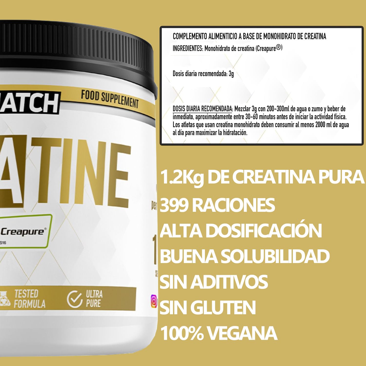 MATCH Creatina Monohidratada CREAPURE® Micronizada 1.2Kg sin sabor (3x400 gramos). 99.9% Pura Creatina Monohidrato CREAPURE® (No-GMO, Vegano, Sin Gluten). Masa Muscular y Rendimiento (1200 gr)