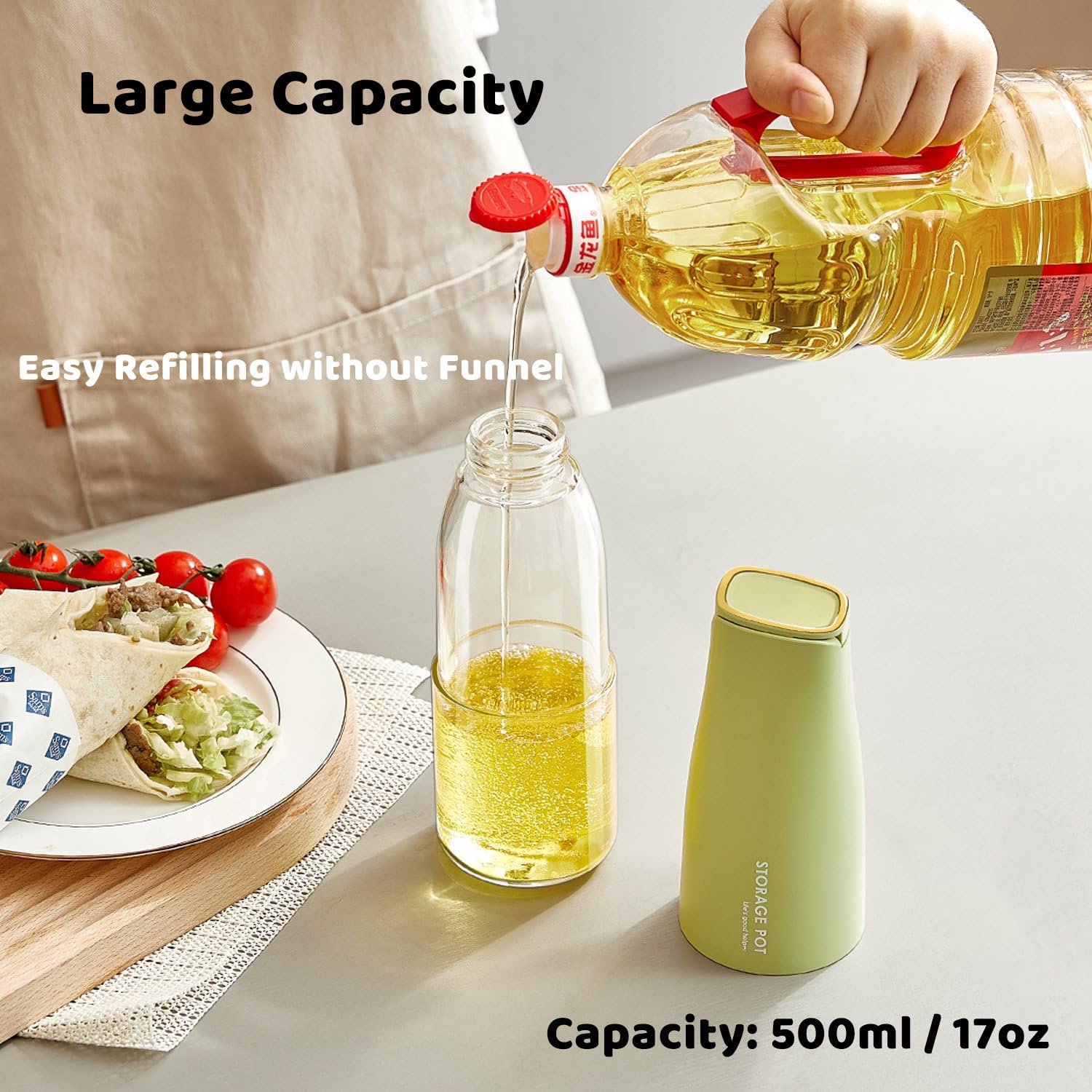 Olivenöl-Spenderflasche für die Küche, 500 ml, Glas, Speiseölbehälter mit automatischer Kappe und Stopper, tropffreier Ausgießer, Sojasauce, Essig, Gewürzspender, Behälter für Sojasauce, Essig,