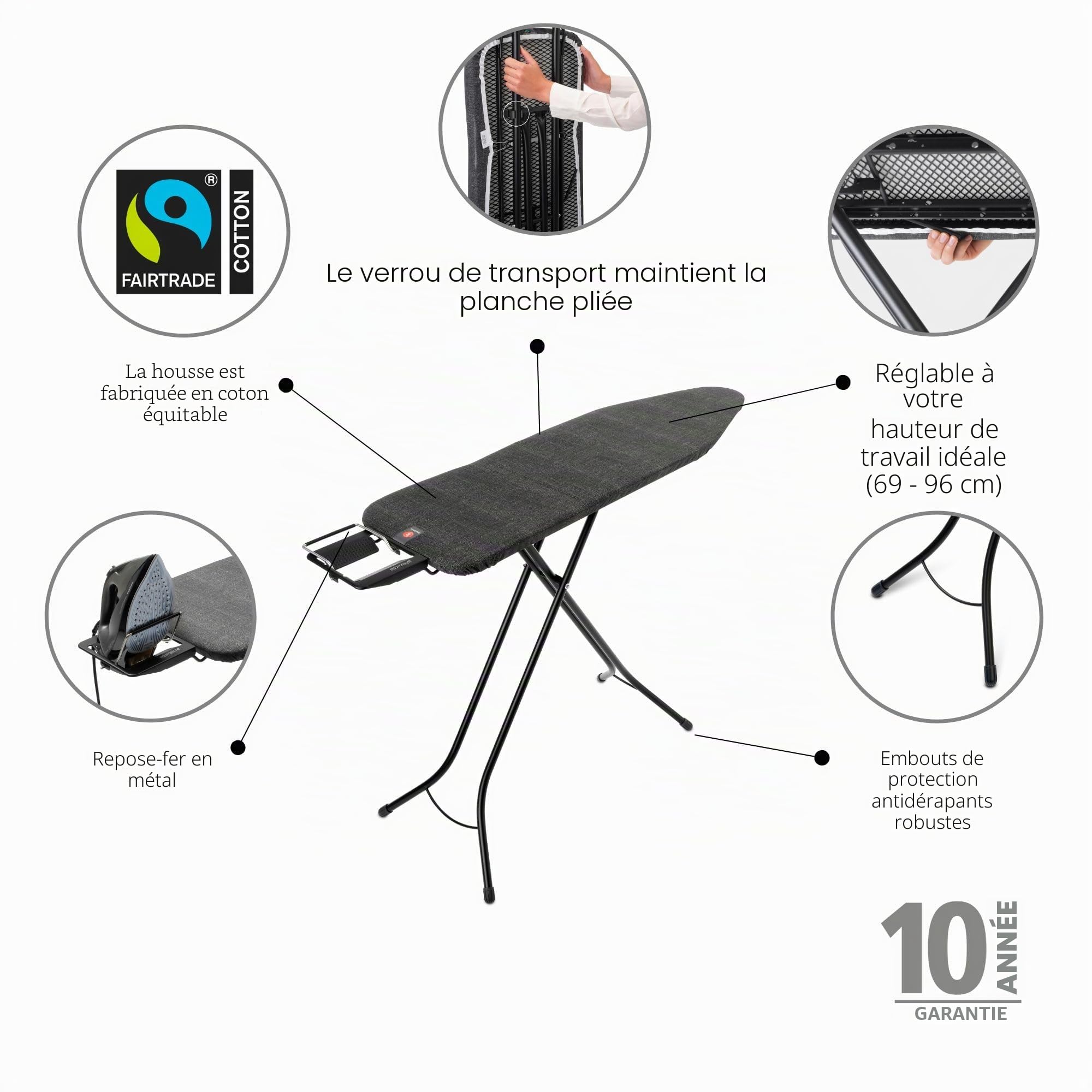 Brabantia - Table à Repasser Taille B - pour Fer Vapeur - Planche a Repasser - pour Les Gauchers et Les Droitiers - Plateau Extra-Stable - pour Fers Jusqu'à 13,5 cm - Denim Black - 124x38cm