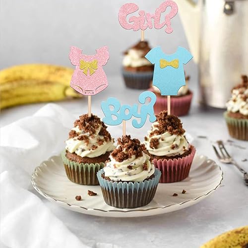 Miniatura 5 de Paquete de 24 adornos para cupcakes para niños o niñas con falda de lazo con purpurina, revelación de género, decoración para baby shower, niños,