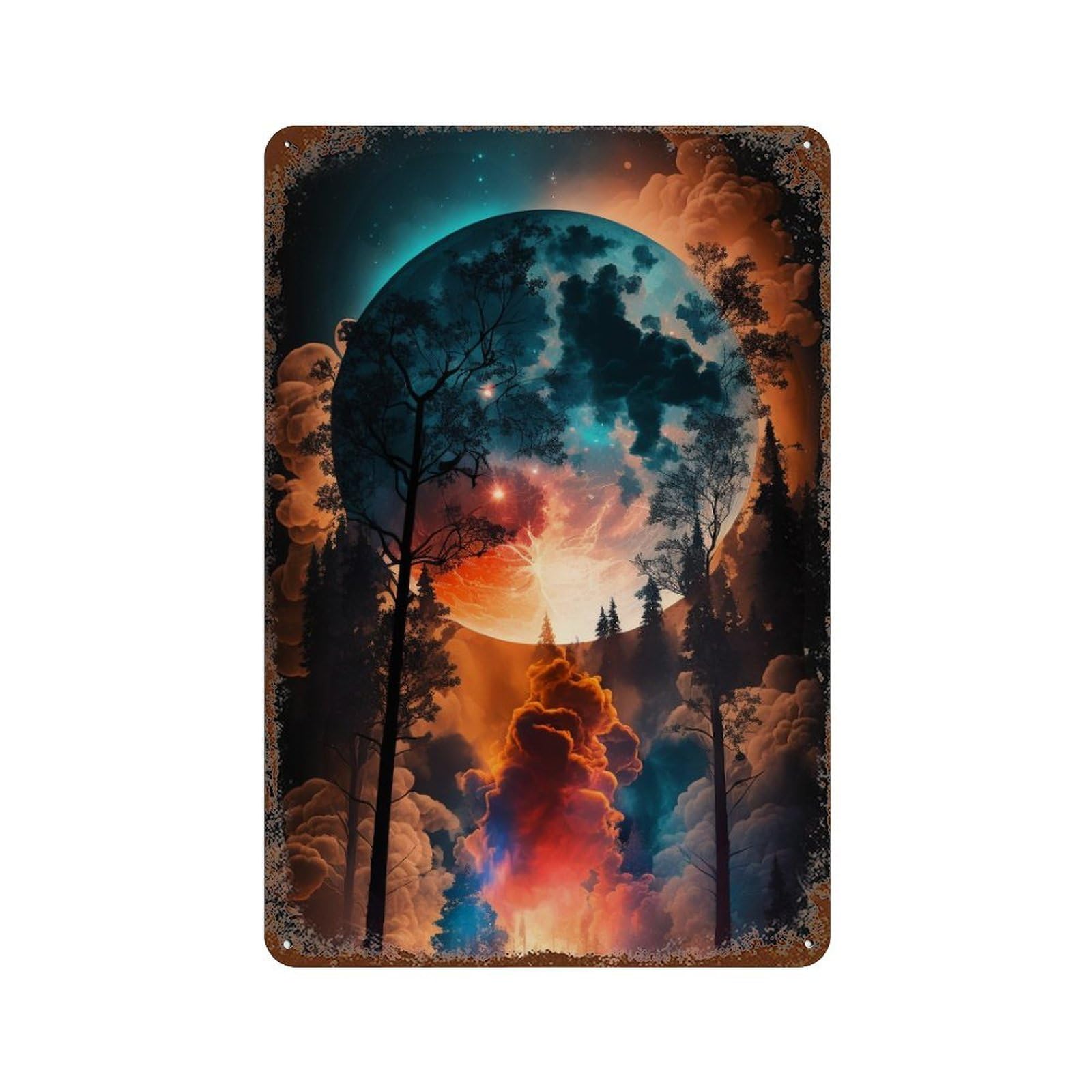 Retro Metal Sign with Galactic Forest Aurora Design 11.8"x7.9", for Shed, Workshop And Garage Wall Decor, Industrial Home Decor