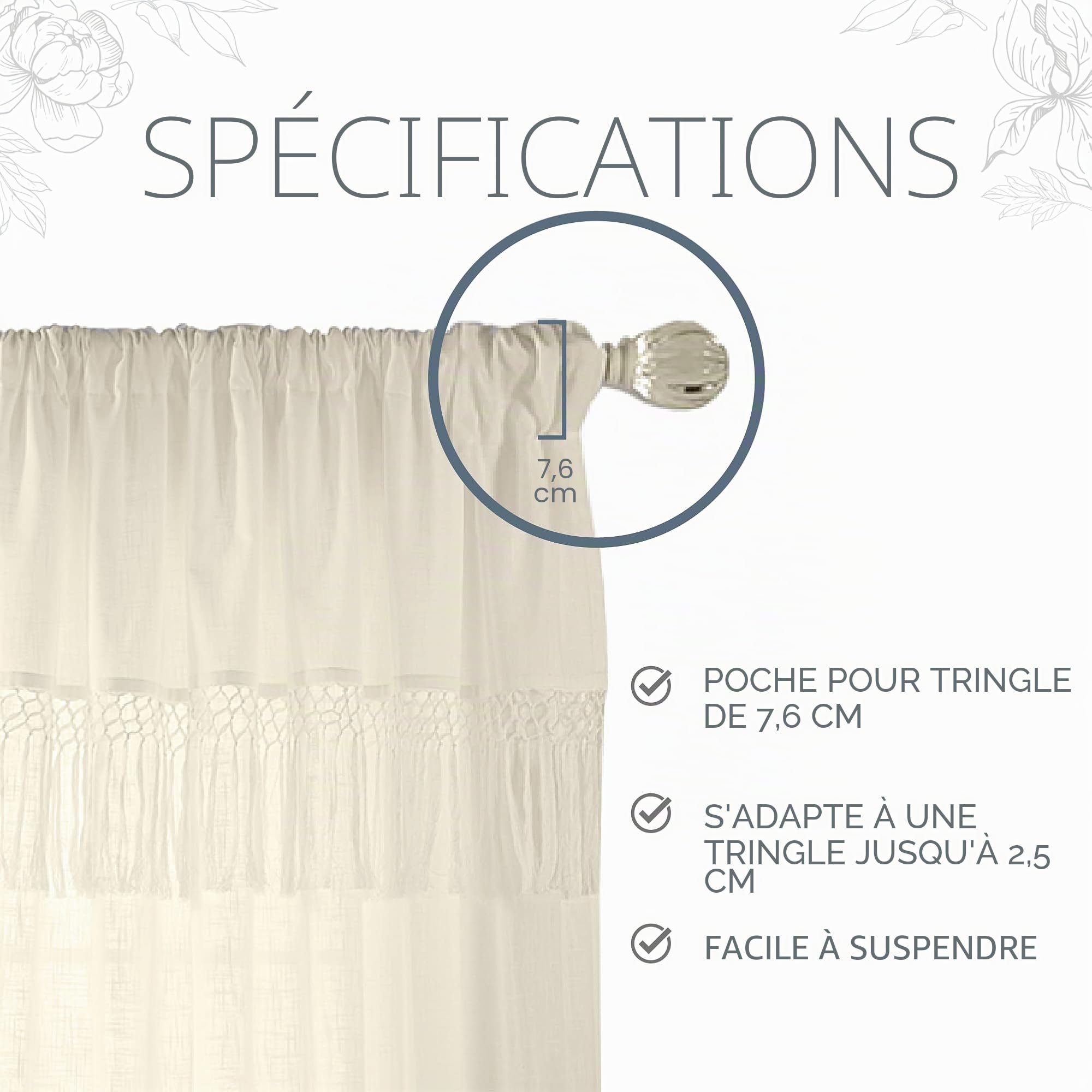 Elrene Home Fashions Rideau de fenêtre Semi-Transparent à Pompons en macramé, Ivoire, 132,1 cm de Large x 241,3 cm de Long (Lot de 1)