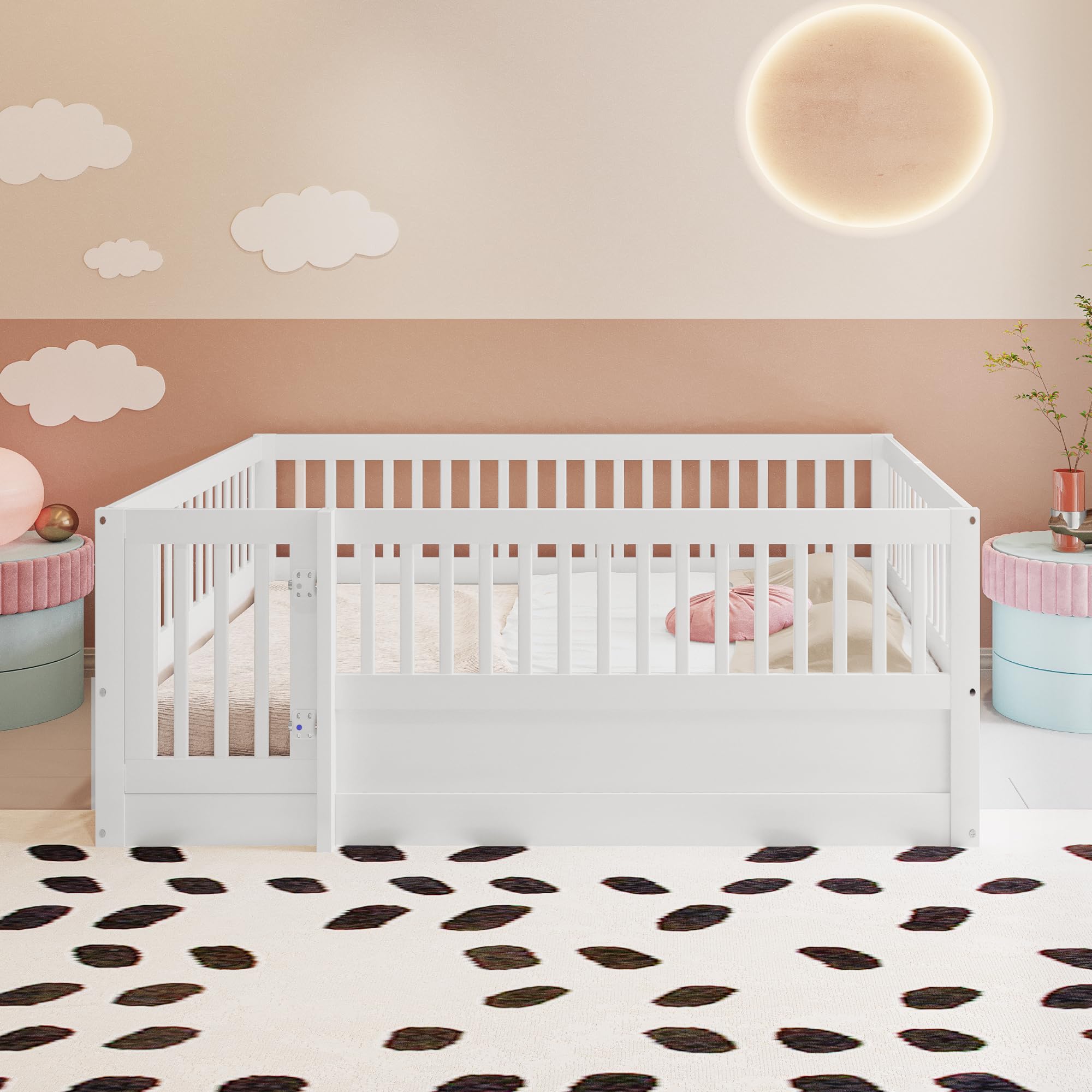 Kinderbett 140x200 cm, Montessori Bodenbett aus Holz mit Gitter und Tür, Kinder Bettgestell mit Rausfallschutz, Niedriges Holzbett für Kinderzimmer, Jungen Mädchen, Weiß