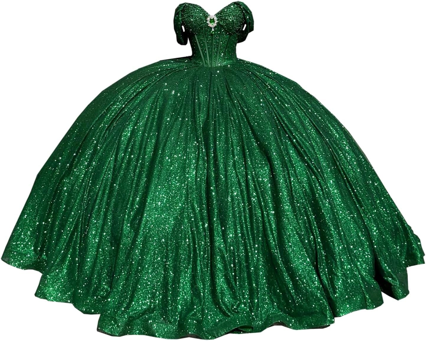 Yifanier Sparkly Beaded Quinceanera Dress with Train Puffy Ball Gown Glitter Long Ball Gowns Sweet 15 16 Dresses MT007 Emerald Green