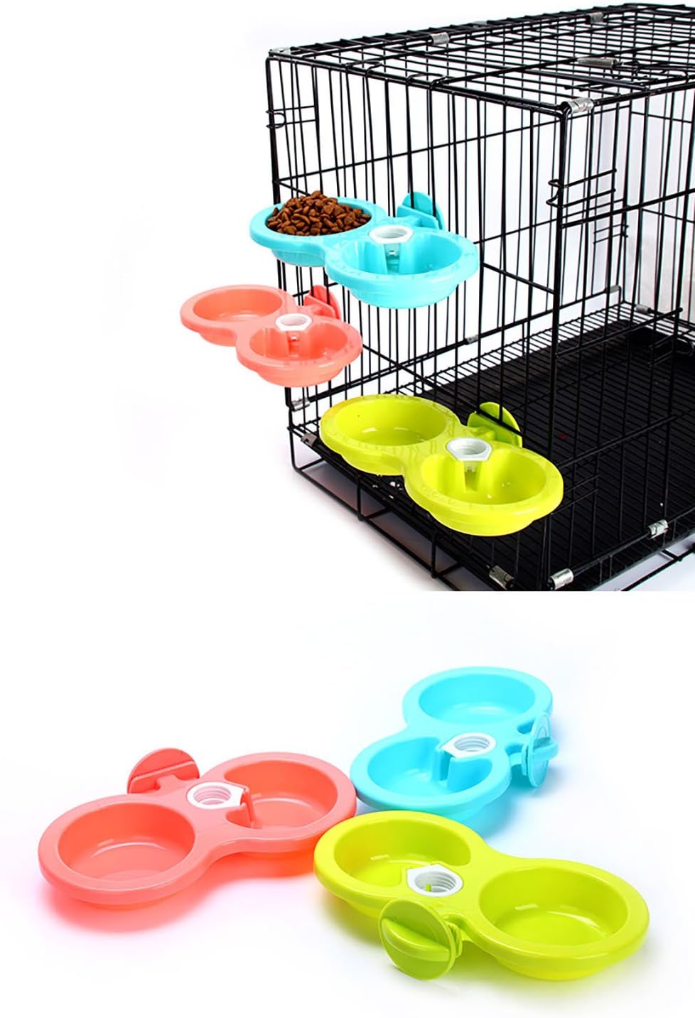 Pet Food Water Bowl Hanging in Cage Double Feeding Station, Plastic Pet Dog Puppy Cat Automatic Water Food Dispenser Dish Bowl Feeder(Blue)