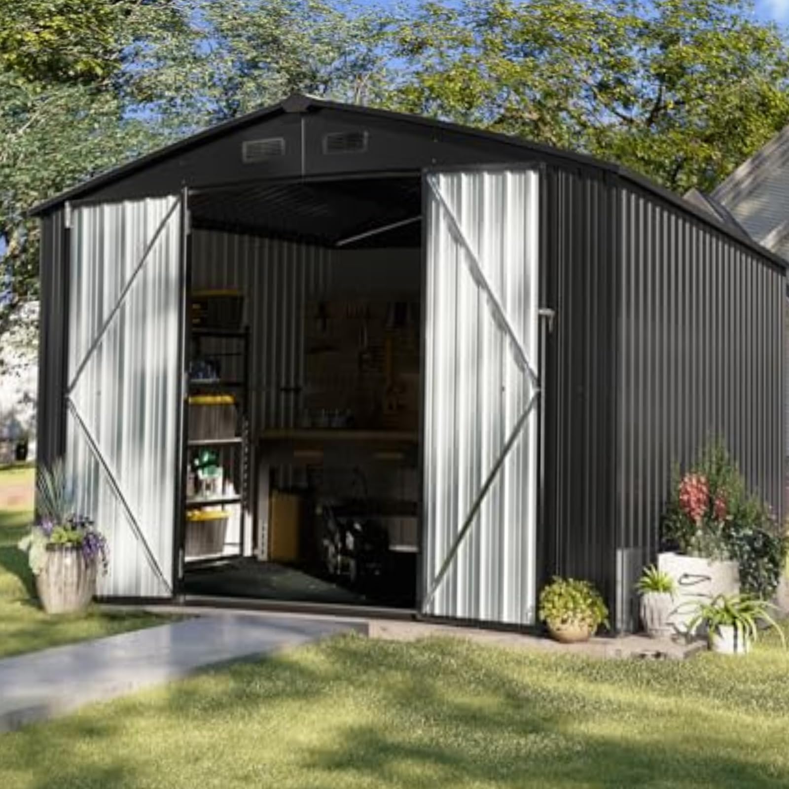 Aoxun 9.6x9.6x6.7 FT Shed Outdoor Storage Shed with Floor Metal Tool Shed