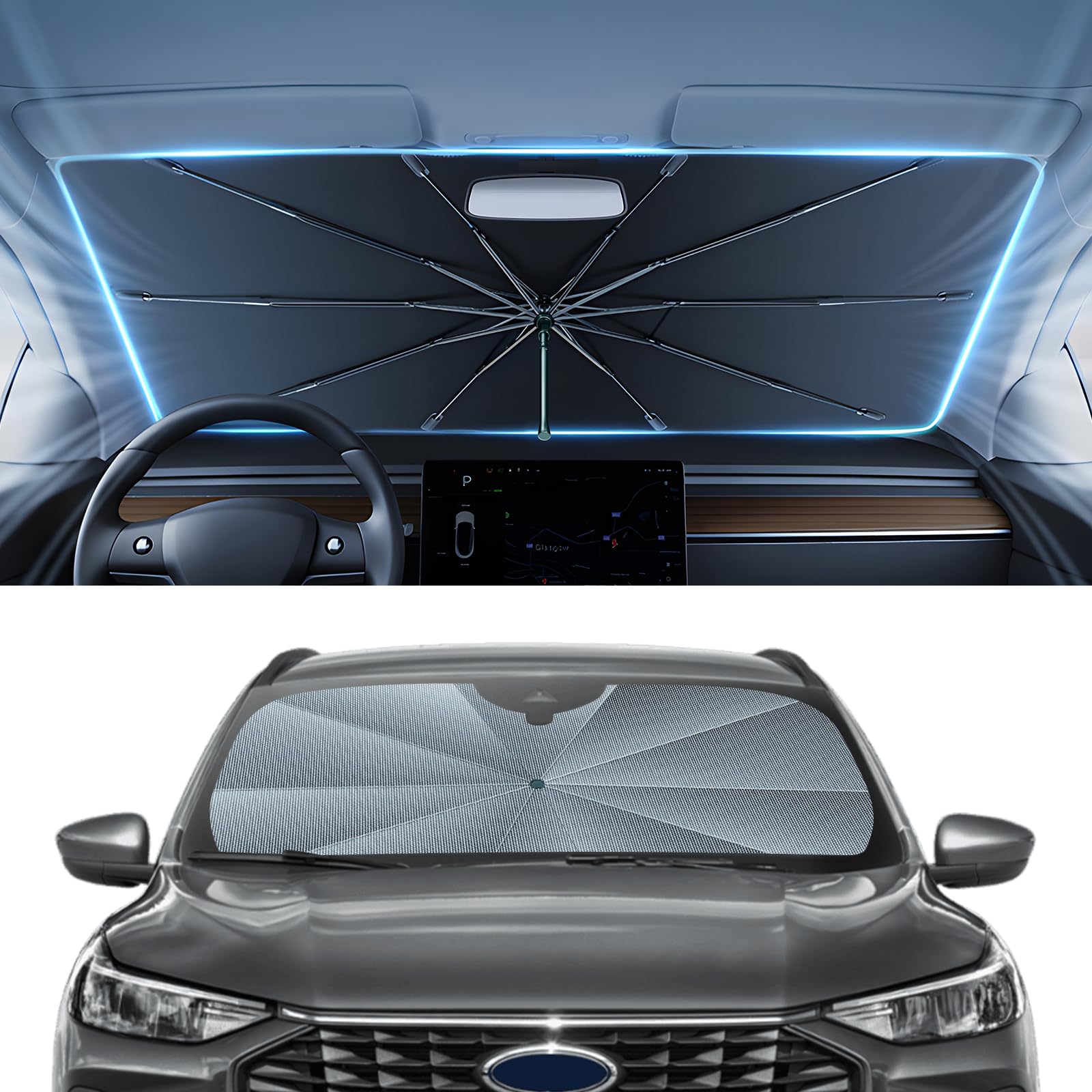 Autorder Windshield Sun Shade Umbrella for 2015-2025 Ford Edge Accessories,Upgraded Ice Crystal Material,Easy Setup Umbrella Sunshade for Car Windshield,100% Sun Blocking