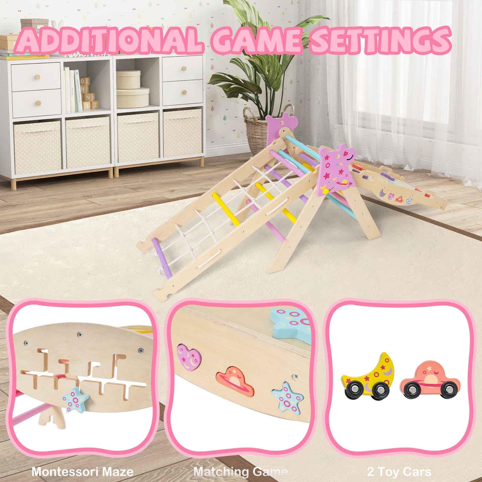 HOMASIS 4 en 1 Triangle à Grimper Montessori, Cadre d'escalade avec Arche, Rampe, Corde & Échelle, Aire de Jeux Éducative pour Enfants 3 Ans+ (Licorne, Couleur)