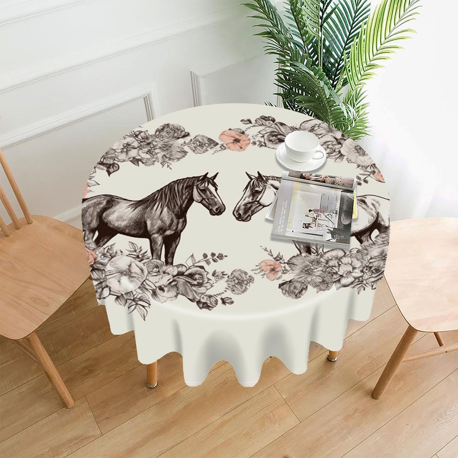 VstaDank Flowers and Horses Hand Drawn Tablecloth Easy to Clean Polyester Round Table Cover Washable Round Table Cloth Wrinkle-Free Circle Decoration Tablecloth for Kitchen Dining Room 60"