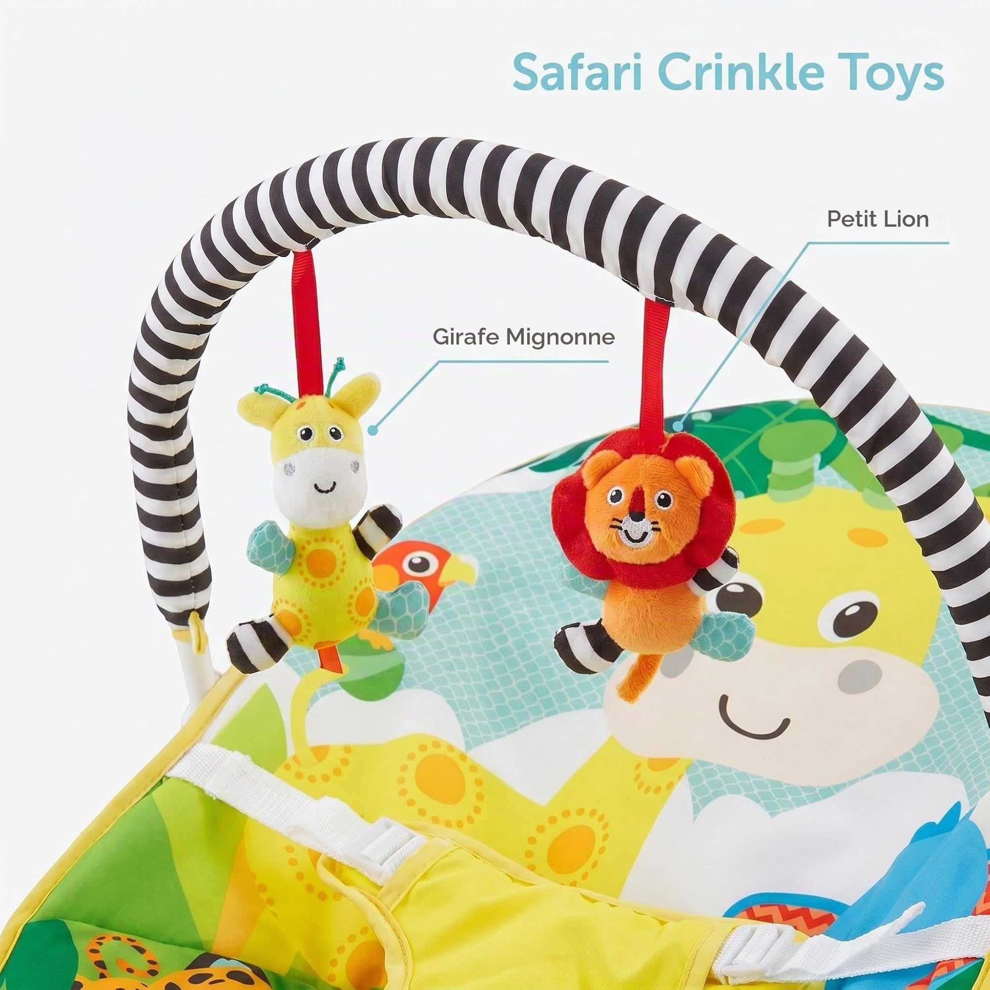 LADIDA Transat pour bébé, thème safari lumineux et coloré, musique apaisante et vibrations pour détendre et divertir