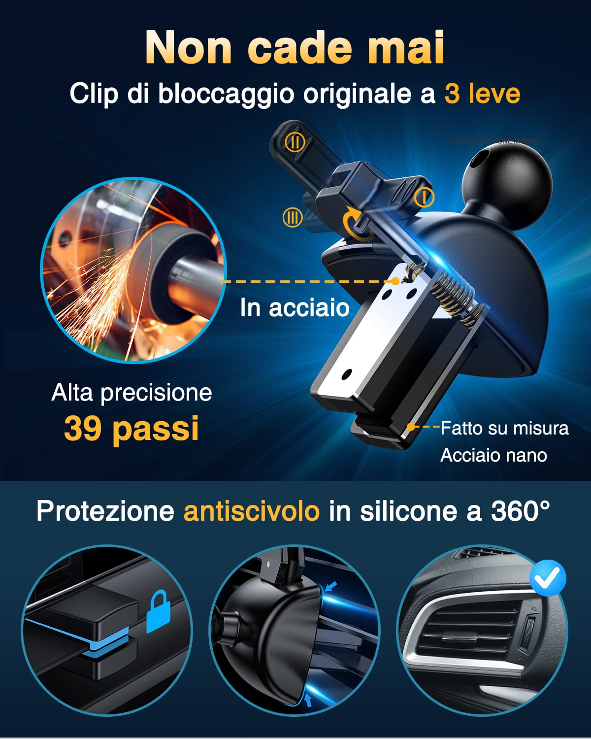 VANMASS Porta Cellulare Auto【Protezione di Qualità Militare】,【Brevetti e Certificati di Sicurezza】Universale Cruscotto Parabrezza Ventosa Bocchetta Supporto Telefono para iPhone 16 15 Pro Max Samsung