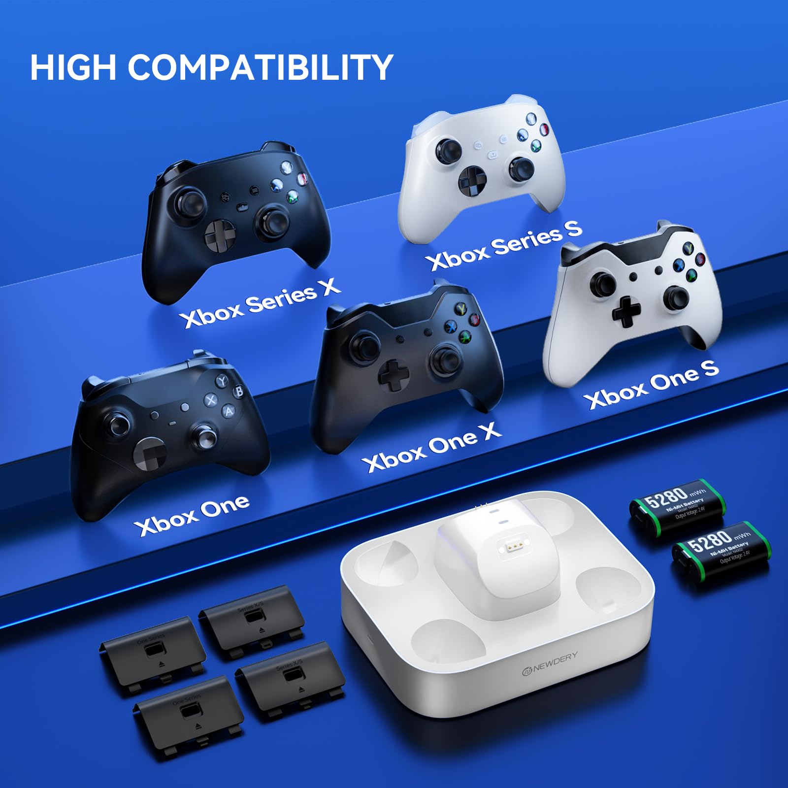 NEWDERY Estación de carga para mandos de Xbox, 2 baterías recargables de 5280 mAh para mandos de Xbox One/Series X|S, base de carga rápida con 4 tapas para baterías - Blanco