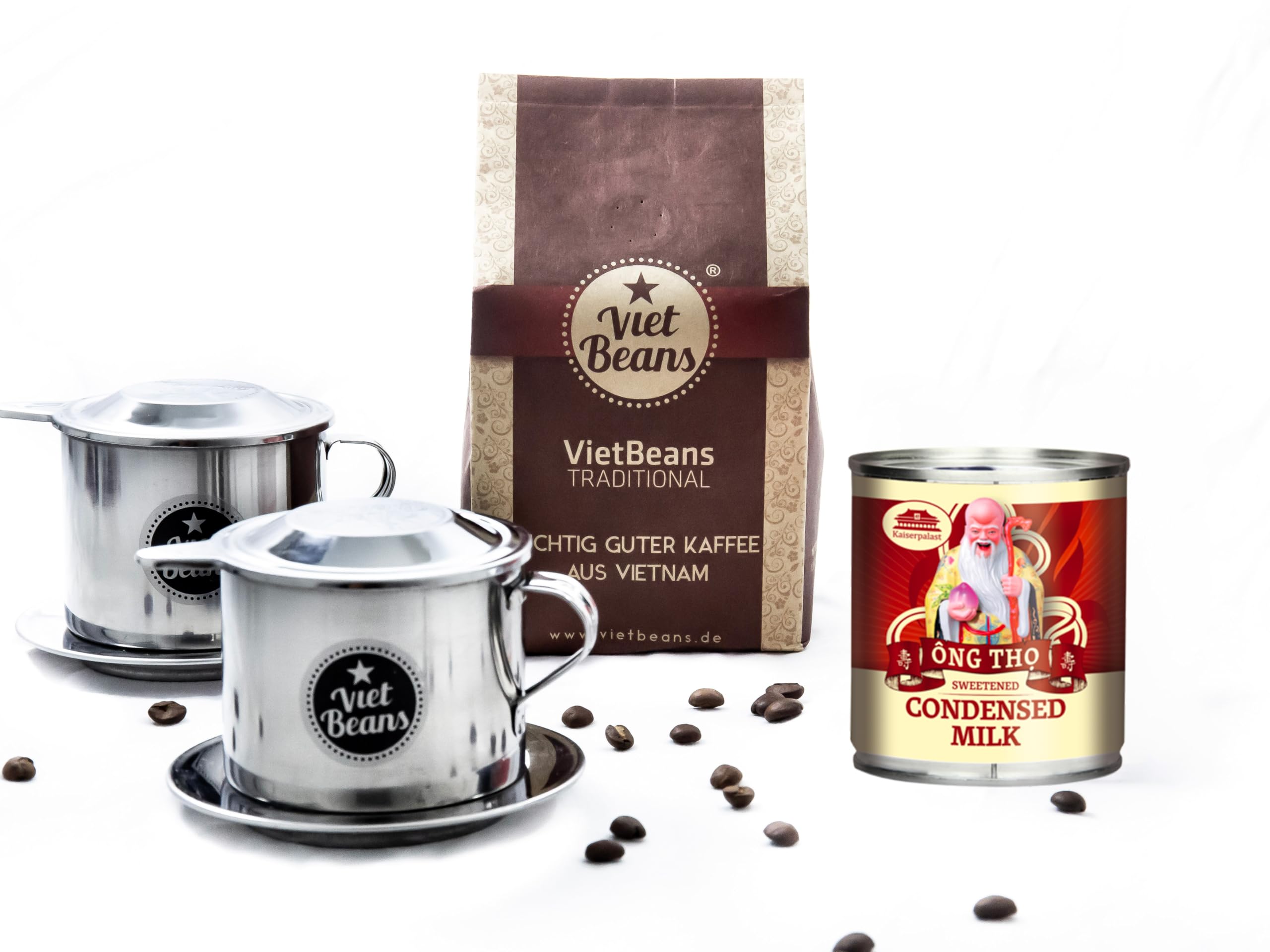 VietBeans Geschenkset Frühstück zu zweit Kaffeegeschenk 250g gemahlener Traditional 2x Edelstahlfilter Phin Kondensmilch
