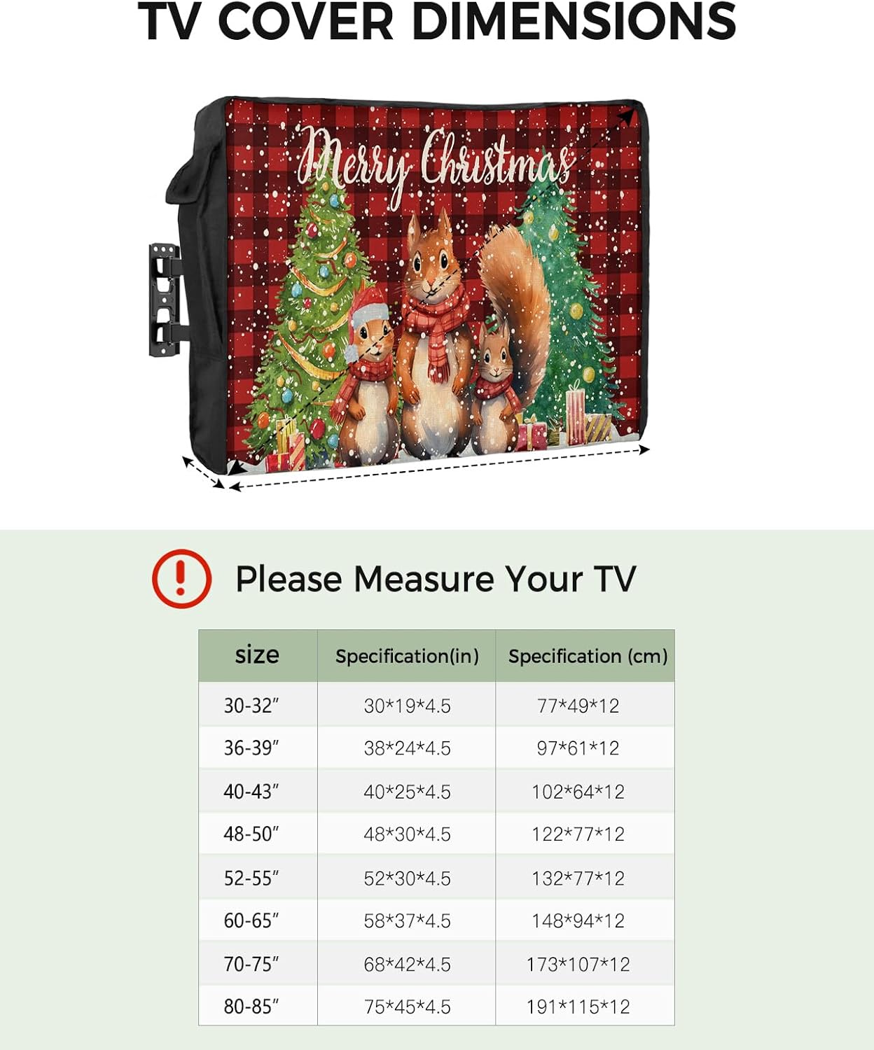 Outdoor TV Cover - Merry Christmas Squirrel Gifts Xmas Tree Red Buffalo Plaid Waterproof and Weatherproof 36"-39" LCD Movable Shield TV Display Screen Protector Outside Television Covers