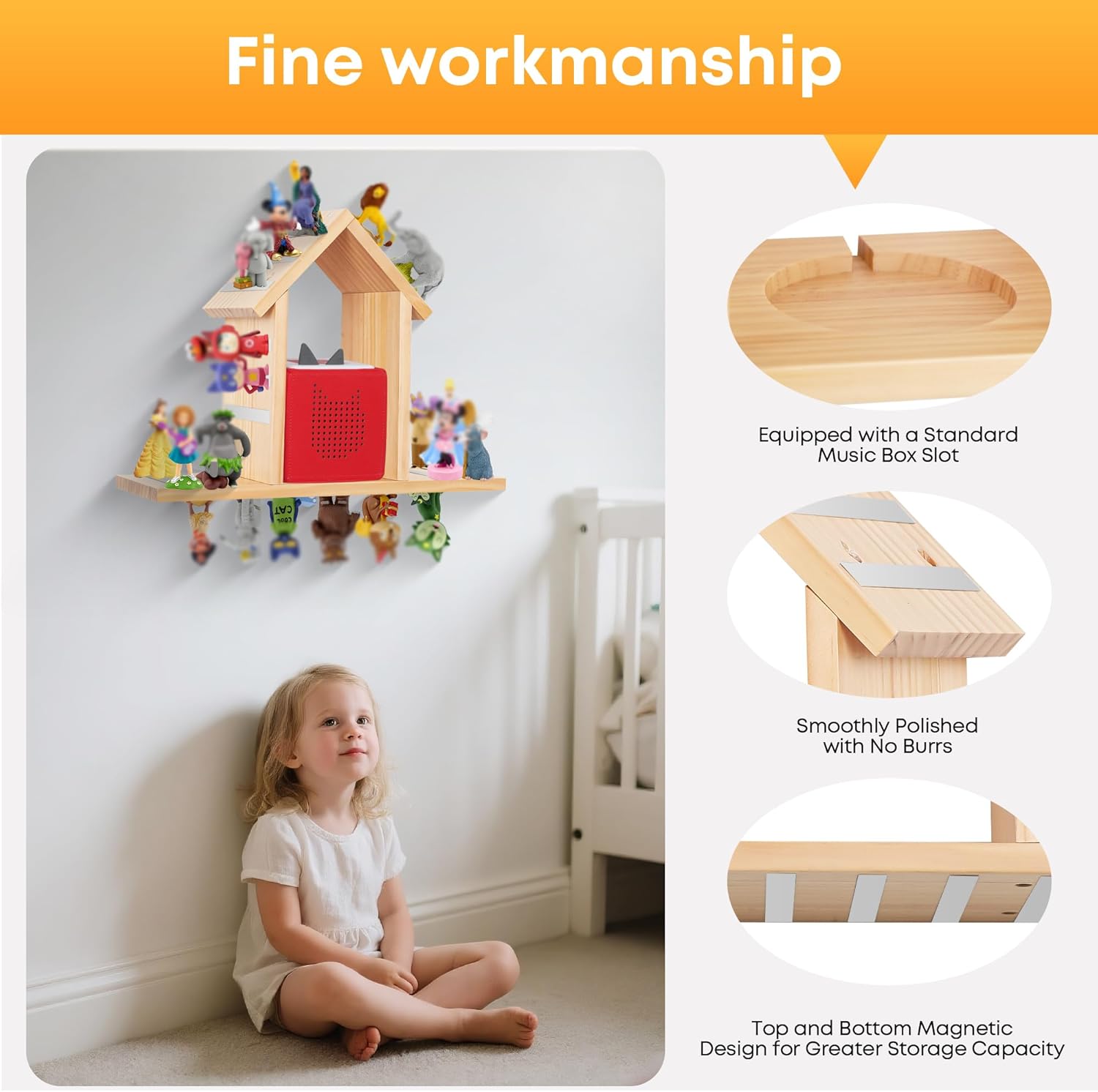 For Tonies Shelf Magnetic,for Toniebox Figures Wall Shelves,for Tonie Characters Audio Toy Storage Organizer(Hold 70 Figurines),Compatible Charging Station for Kid's Room,Pine Wood House,Large