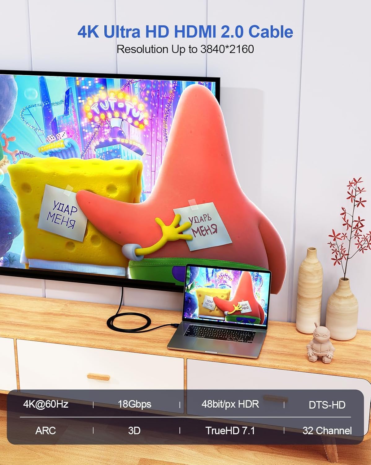 Cavo HDMI 4K da 3,5 m, confezione da 5 pezzi, cavo HDMI 2.0 ad alta velocità, ultra HD 4K a 60Hz, 2K a 144Hz, 18 Gbps, ARC, HDR, HDCP2.2, compatibile 3D con PS4/PS5, monitor, laptop, HDTV