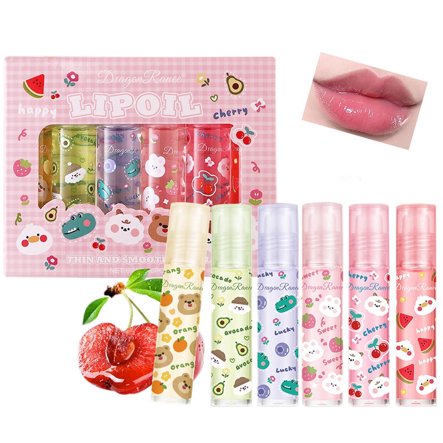 Dulele 6PCS Roll On Lip Gloss Set, Fruit Flavors Glossy Lip Oil, Hydrating