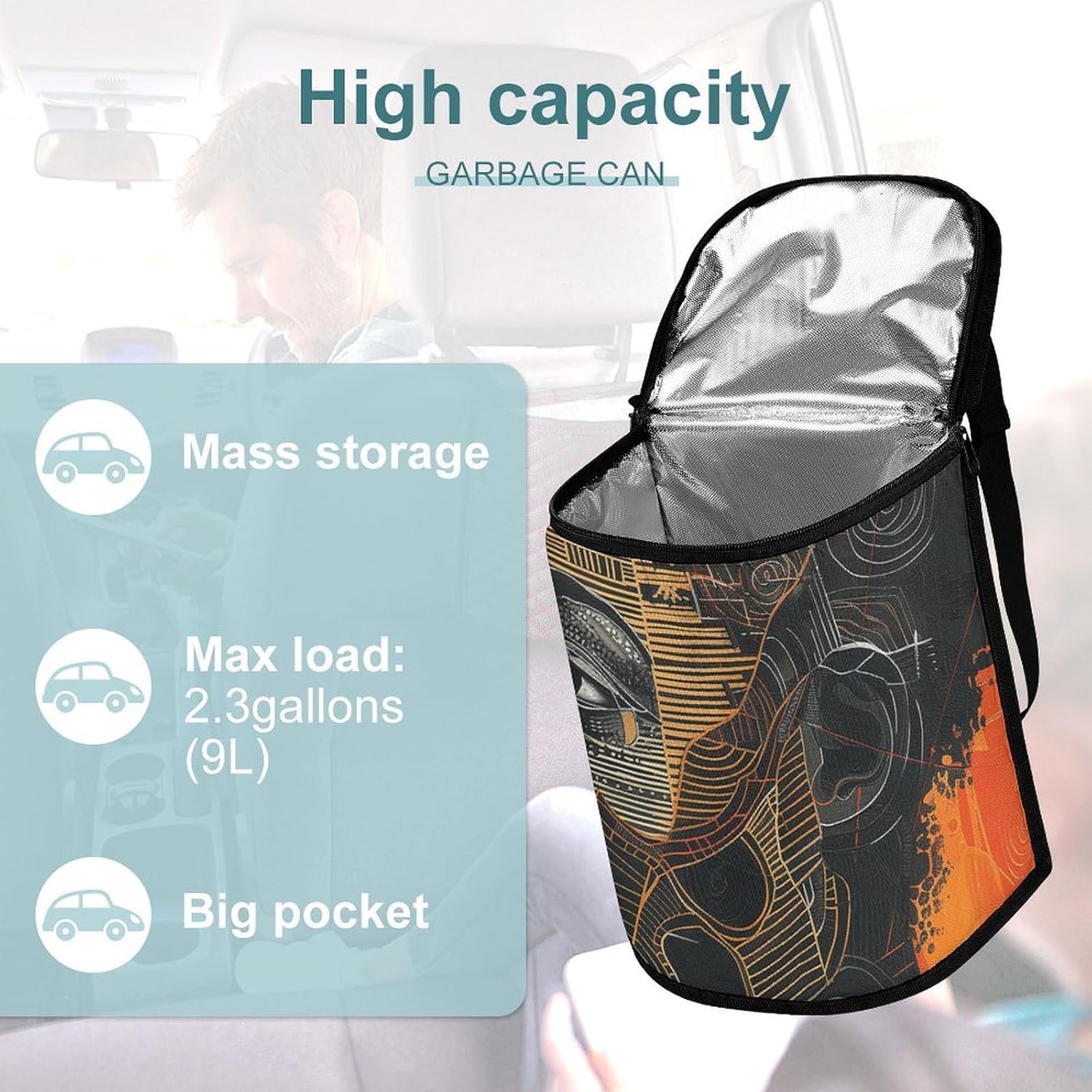 MUSM Leakproof Car Trash Can 2.5 Gallon, Durable Automotive Garbage Bag with Waterproof Liner, Orange and Black Trash Bag for Car, Truck, RV & Bathroom