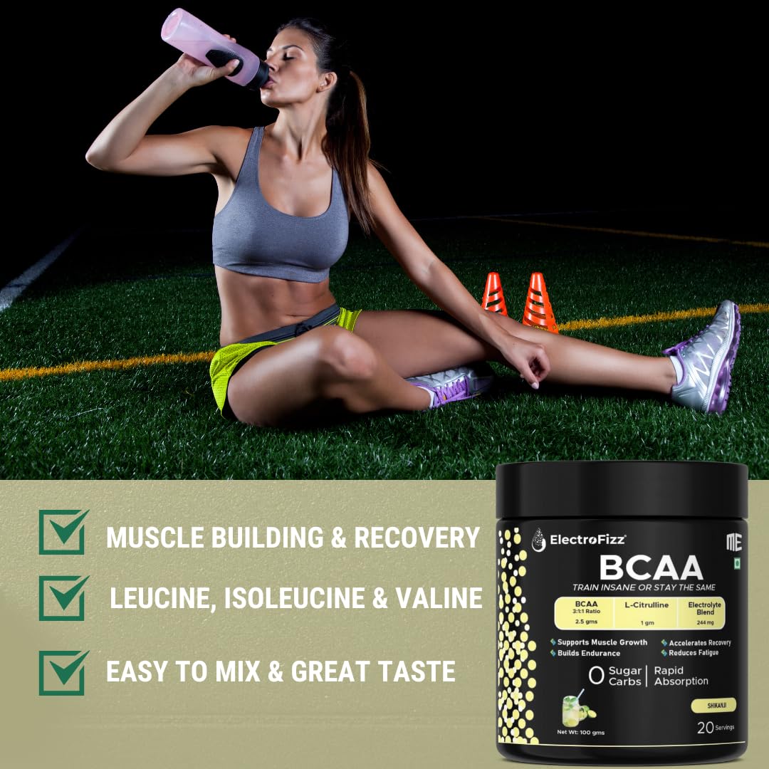 ElectroFizz BCAA Powder, 2.5g BCAA with 3:1:1 Ratio, L-Citrulline & Electrolytes, 100g, Shikanji Flavour, 20 Servings - Image 7 thumbnail