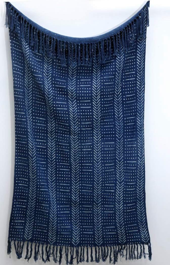 TradeStar Handmade 100% Cotton Mudcloth Print Throw Blanket - Rustic Indigo Tassel Couch Blanket for Fall Decor, 47x67"