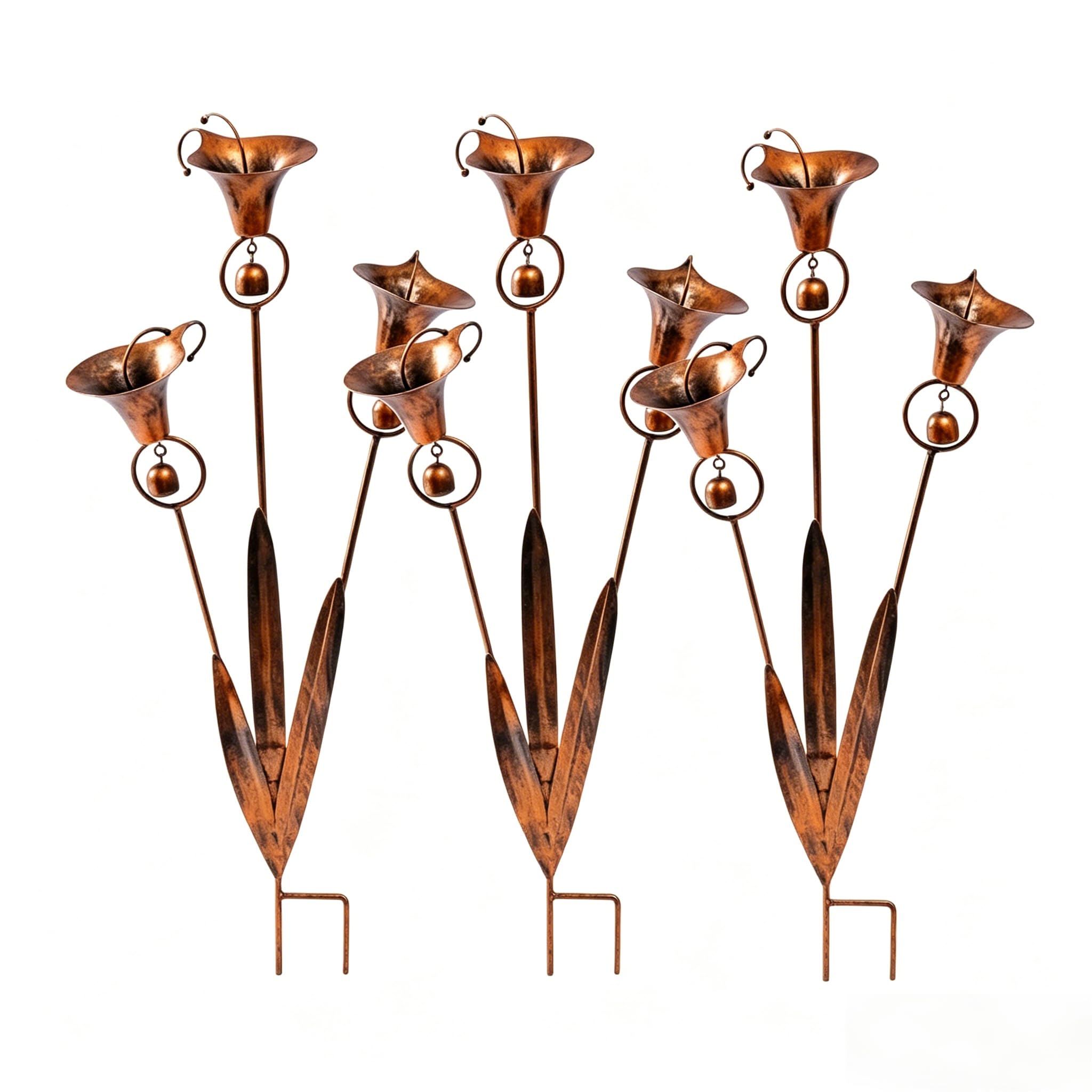 Flamed Copper Three Calla Lilies Garden Stake with Bells, Metal Flower Yard Art Decor, Outdoor Wind Bell Stake for Lawns, Patios & Garden, Rustic Handmade Wind Chime Ornament Gift